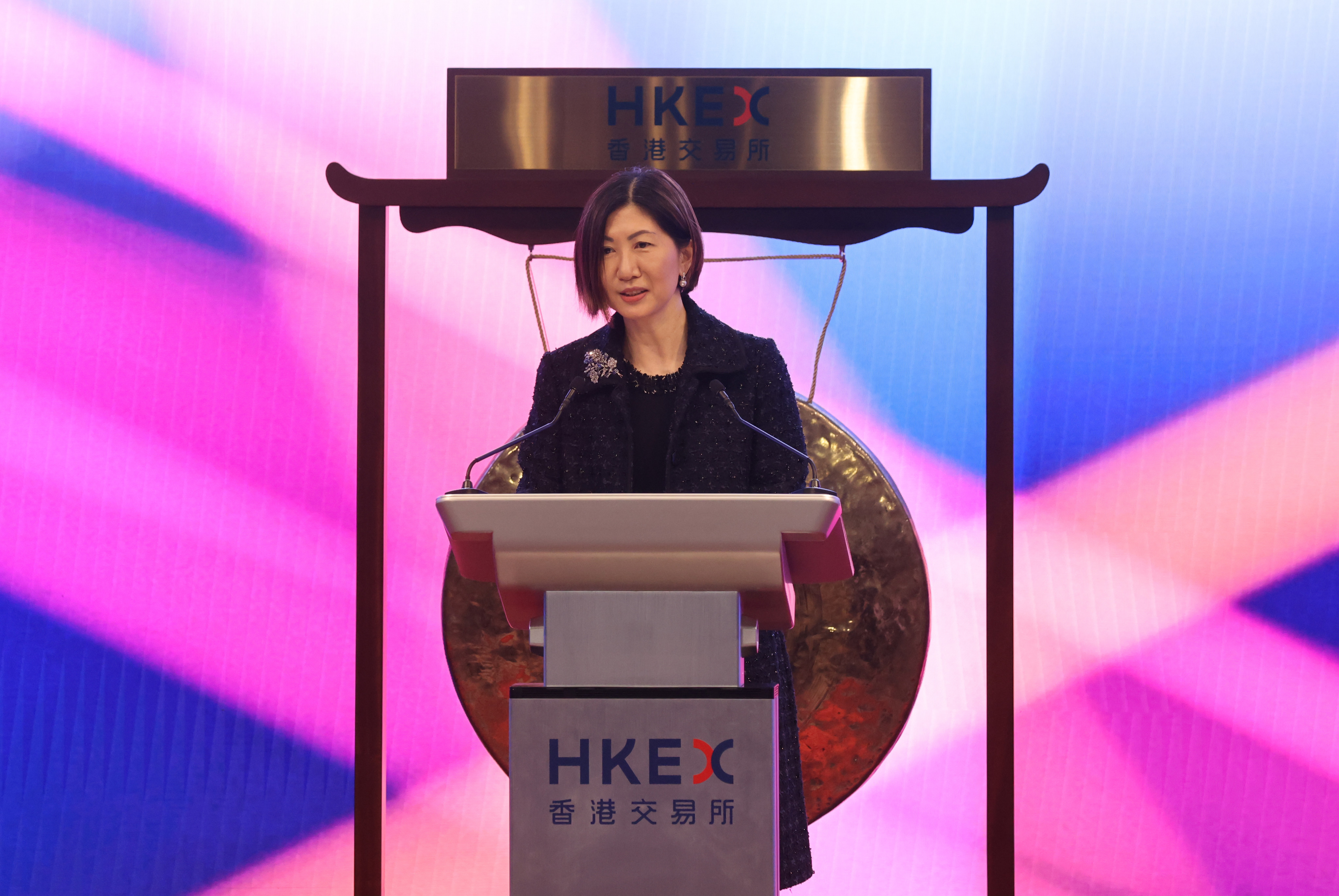 Bonnie Chan, co-chief operating officer of Hong Kong Exchanges and Clearing (HKEX), speaks during a special market closing ceremony on March 8, part of the global “Ring the Bell for Gender Equality” campaign to celebrate the power of diversity and the contribution of women in markets and communities, at HKEX in Central. Photo: May Tse