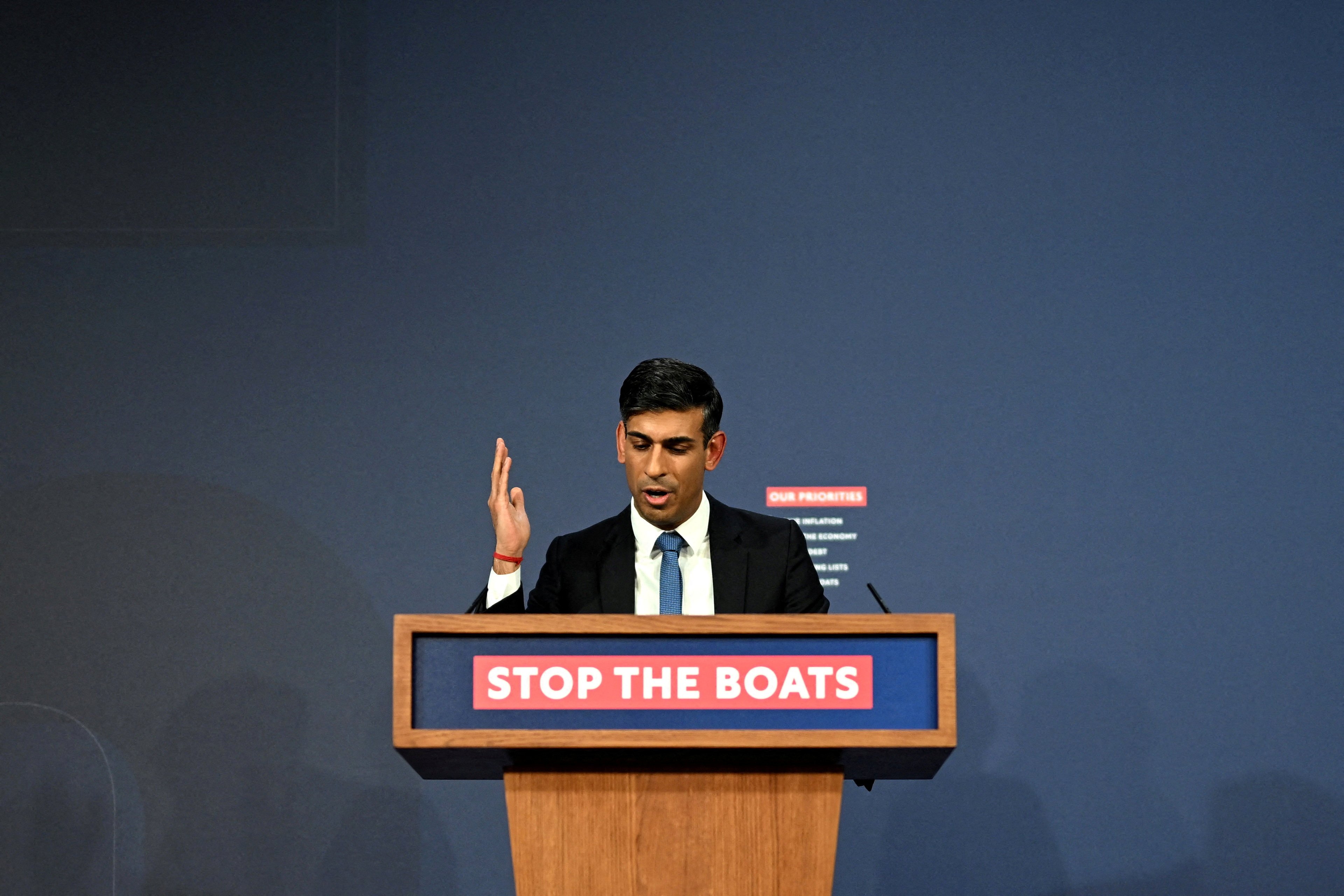 UK PM Rishi Sunak speaks during a press conference following the launch of new legislation to try to stop migrants coming to Britain by boat. Photo: Reuters