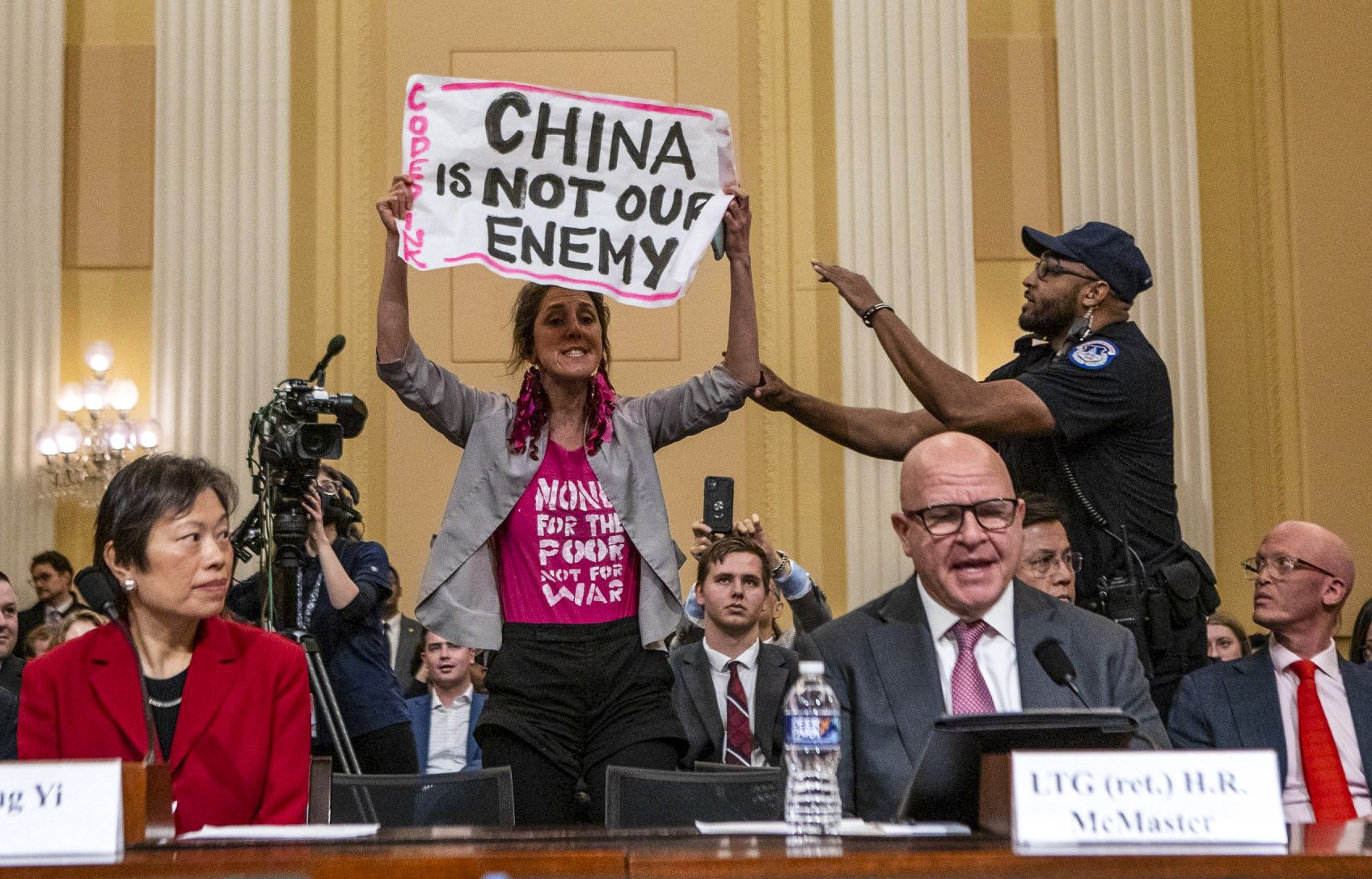 Code Pink organiser Olivia DiNucci interrupts a hearing of the US House Select Committee on the Strategic Competition between the United States and the Chinese Communist Party in Washington on Feb. 28. Photo: Bloomberg