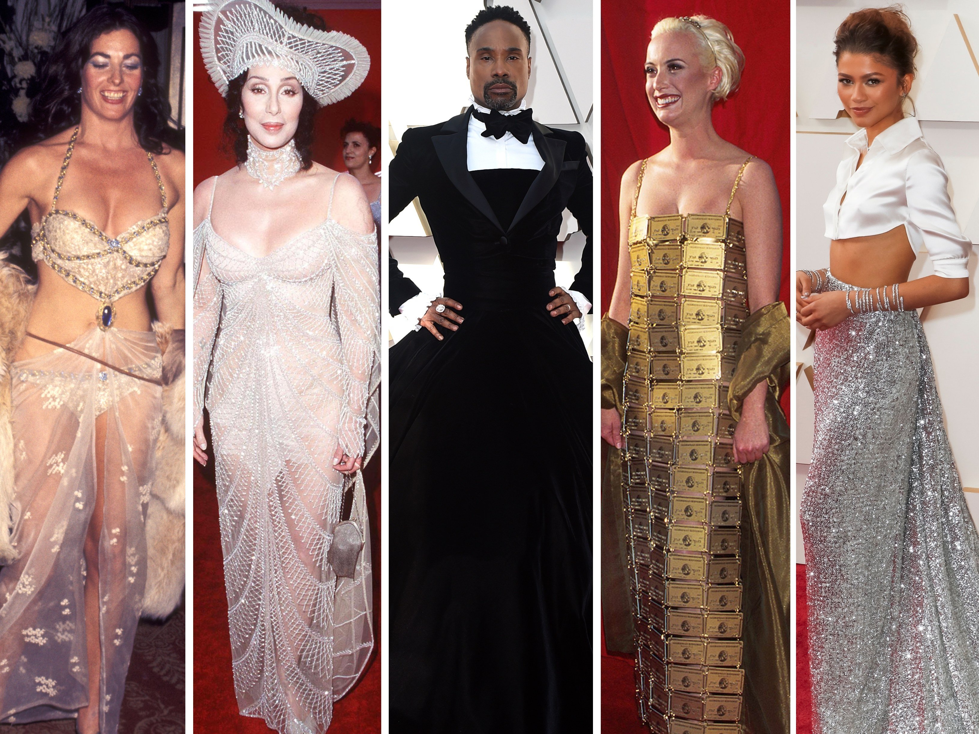 From Edy Williams and Cher’s revealing looks to Billy Porter’s tuxedo gown, a dress made of Amex and Zendaya’s Sharon Stone tribute, some stars pull out all the stops for the Oscars red carpet. Photos: Getty Images, AP, EPA