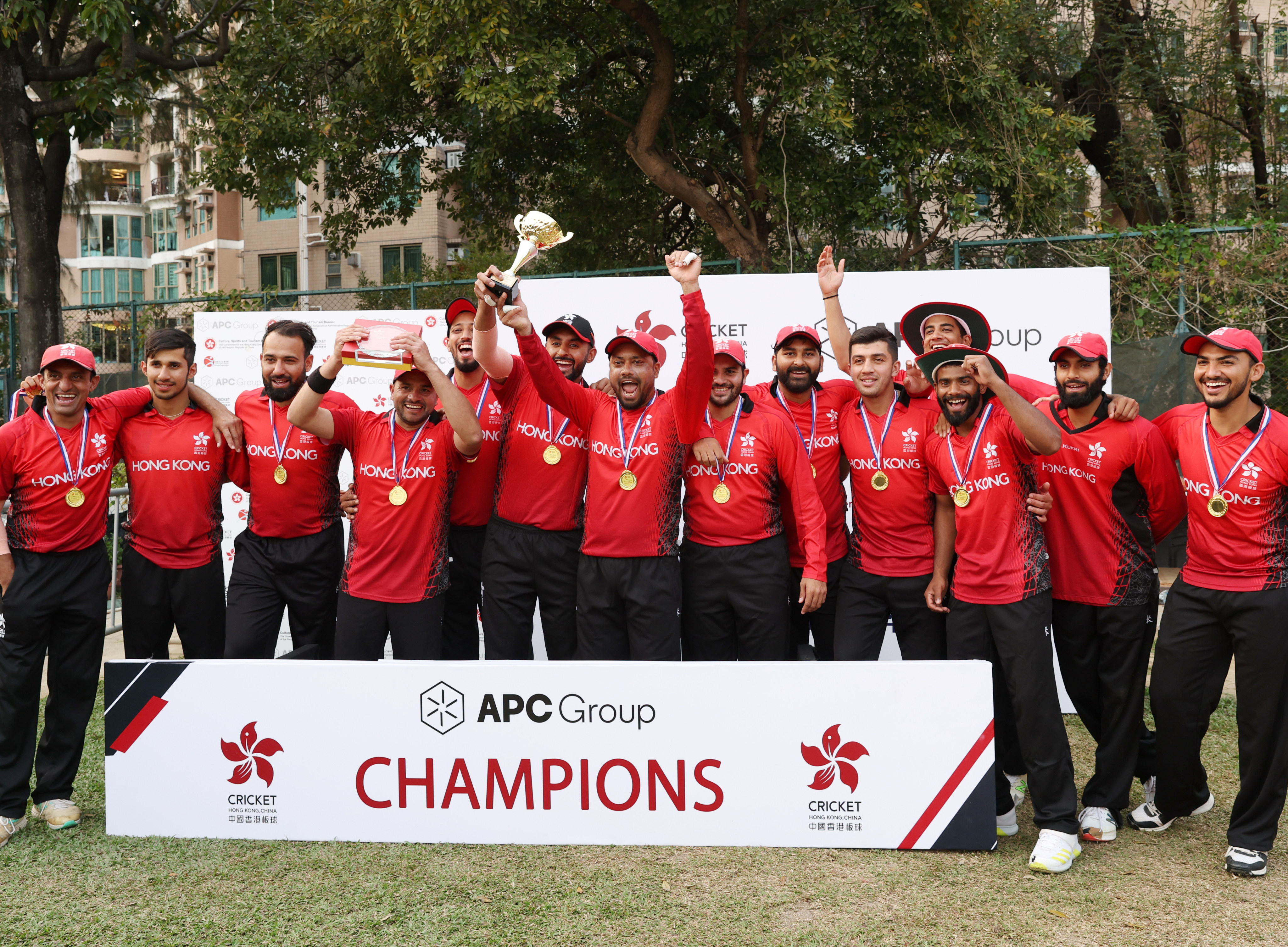 Hong Kong celebrate winning the T20 tournament at Tin Kwong Road Recreation Ground. Photo: Yik Yeung-man