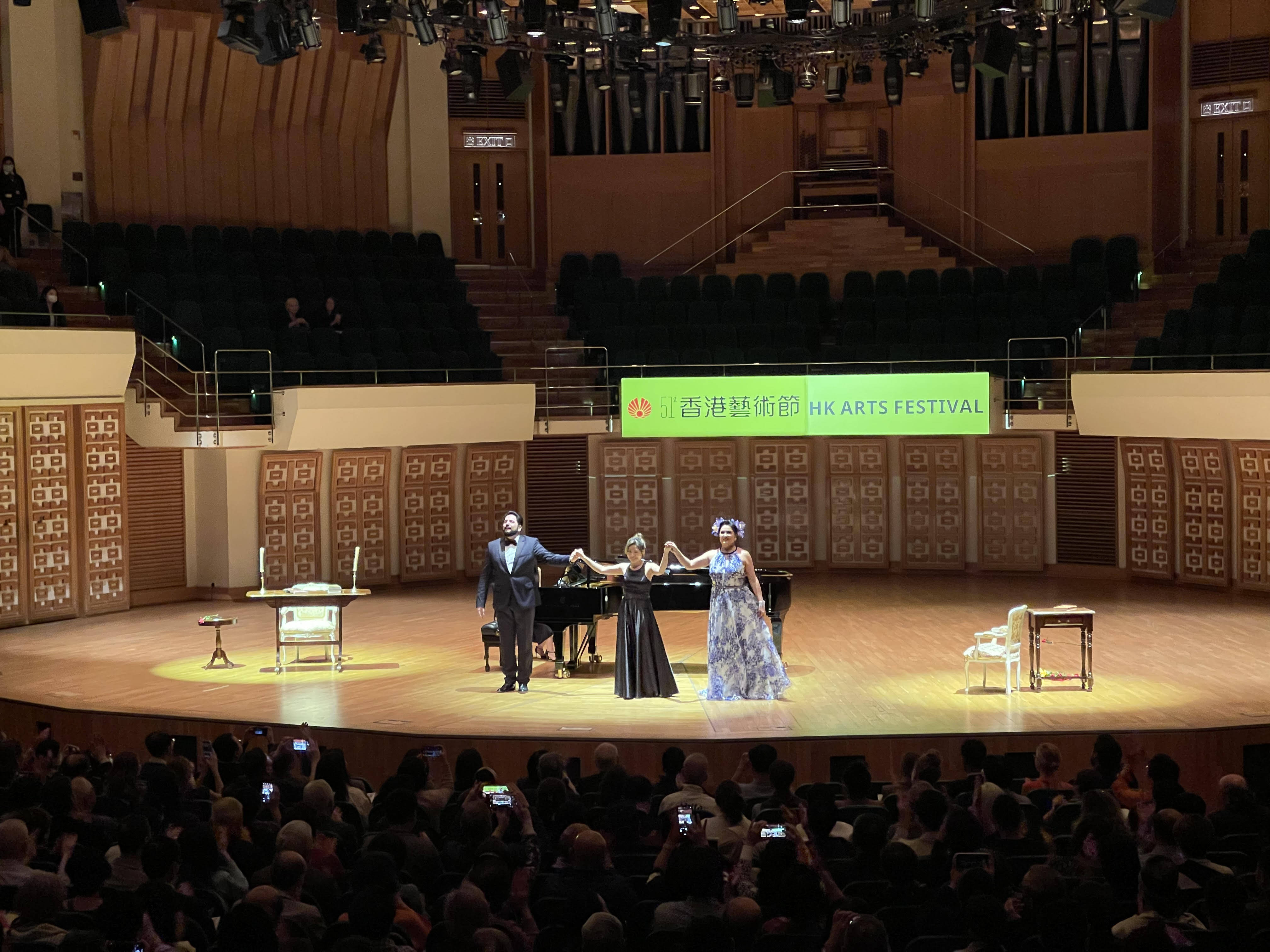 Russian soprano Anna Netrebko, her husband, Azerbaijani tenor Yusif Eyvazov and accompanist Rachel Cheung from Hong Kong receive the audience’s applause during their recital at the Hong Kong Cultural Centre Concert Hall on March 9. Photo: Hong Kong Arts Festival