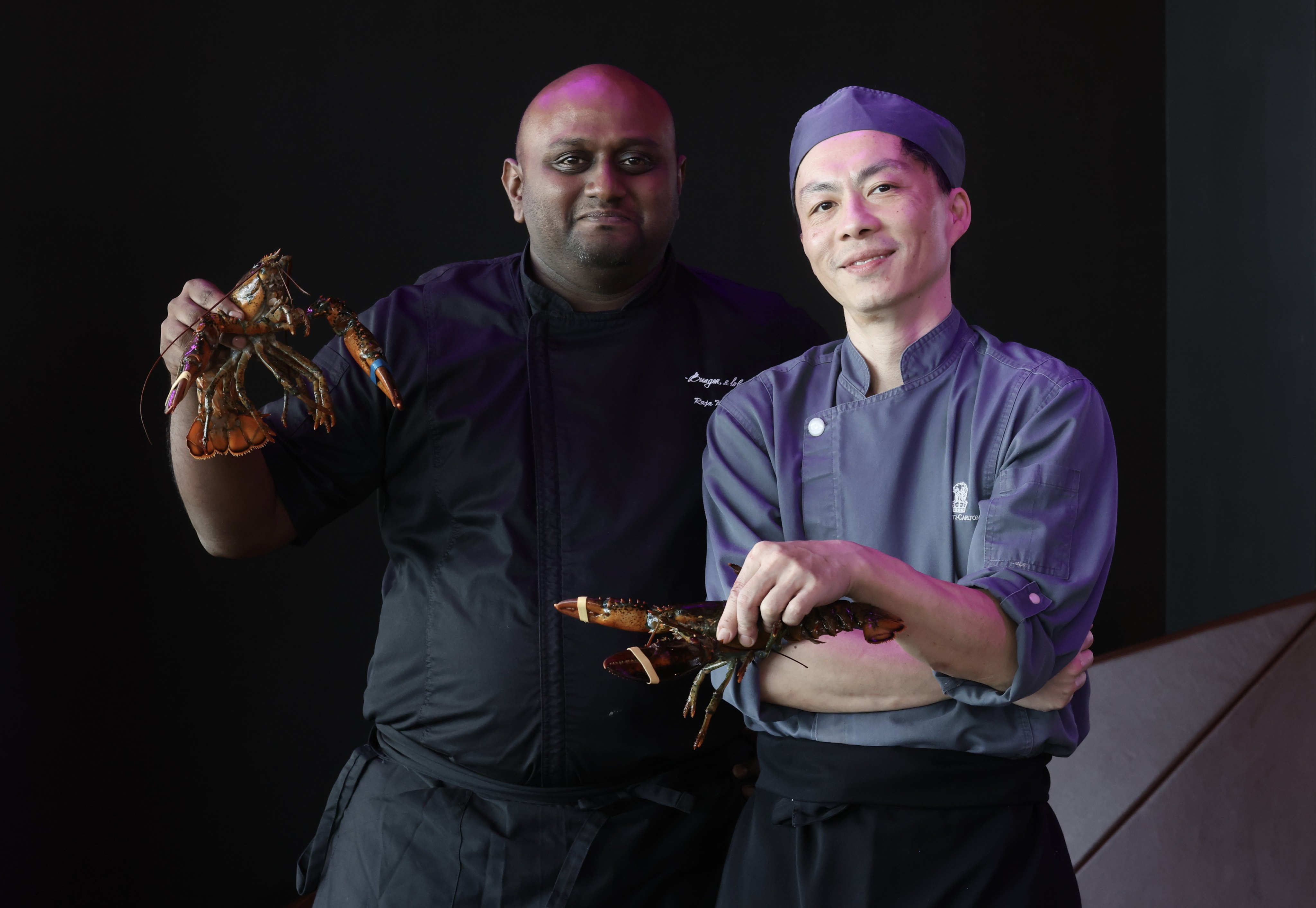 Four-hands dinners and pop-up events are back on the menu in Hong Kong. Burger & Lobster head chef Raja Karunanethi (left) and Ozone sous chef Jerry Tsui hold a pop-up event in Ozone, at The Ritz-Carlton, Hong Kong. Photo: Jonathan Wong