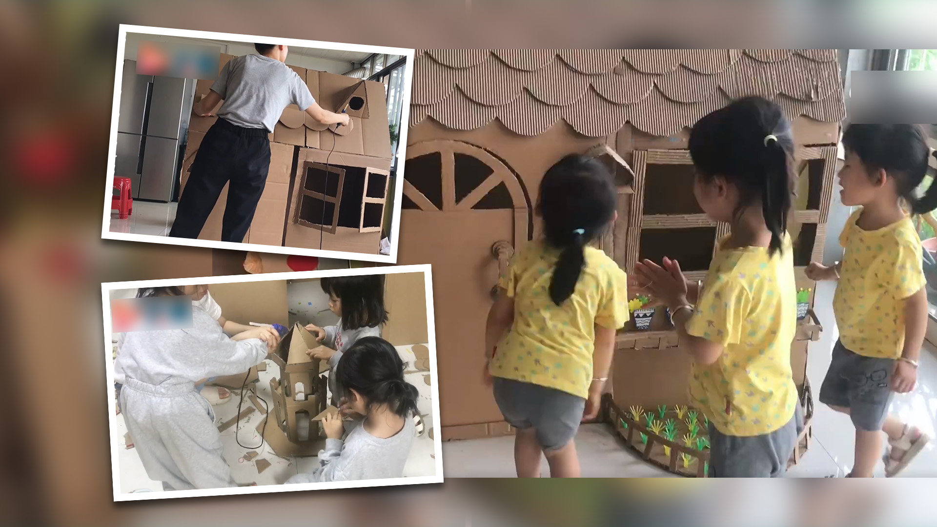 A mother in China has trended online after using her creative talents to turn leftover cardboard into toys, including a giant playhouse and a Transformer car for her kids. Photo: SCMP composite/Weibo