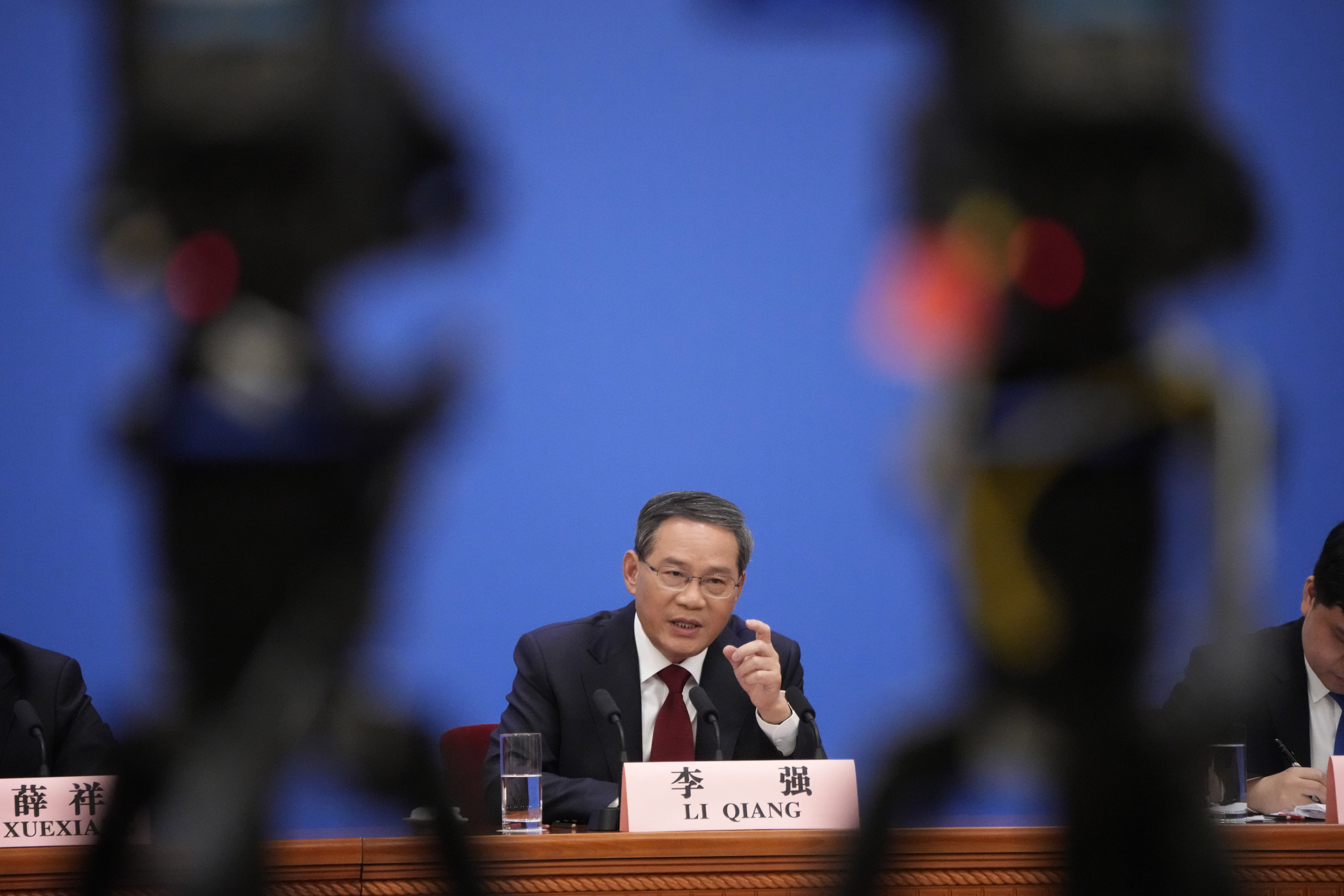 Chinese Premier Li Qiang Li did not touch on challenging questions such as security or Beijing’s position on the war in Ukraine at the Great Hall of the People in Beijing on Monday. Photo: AP