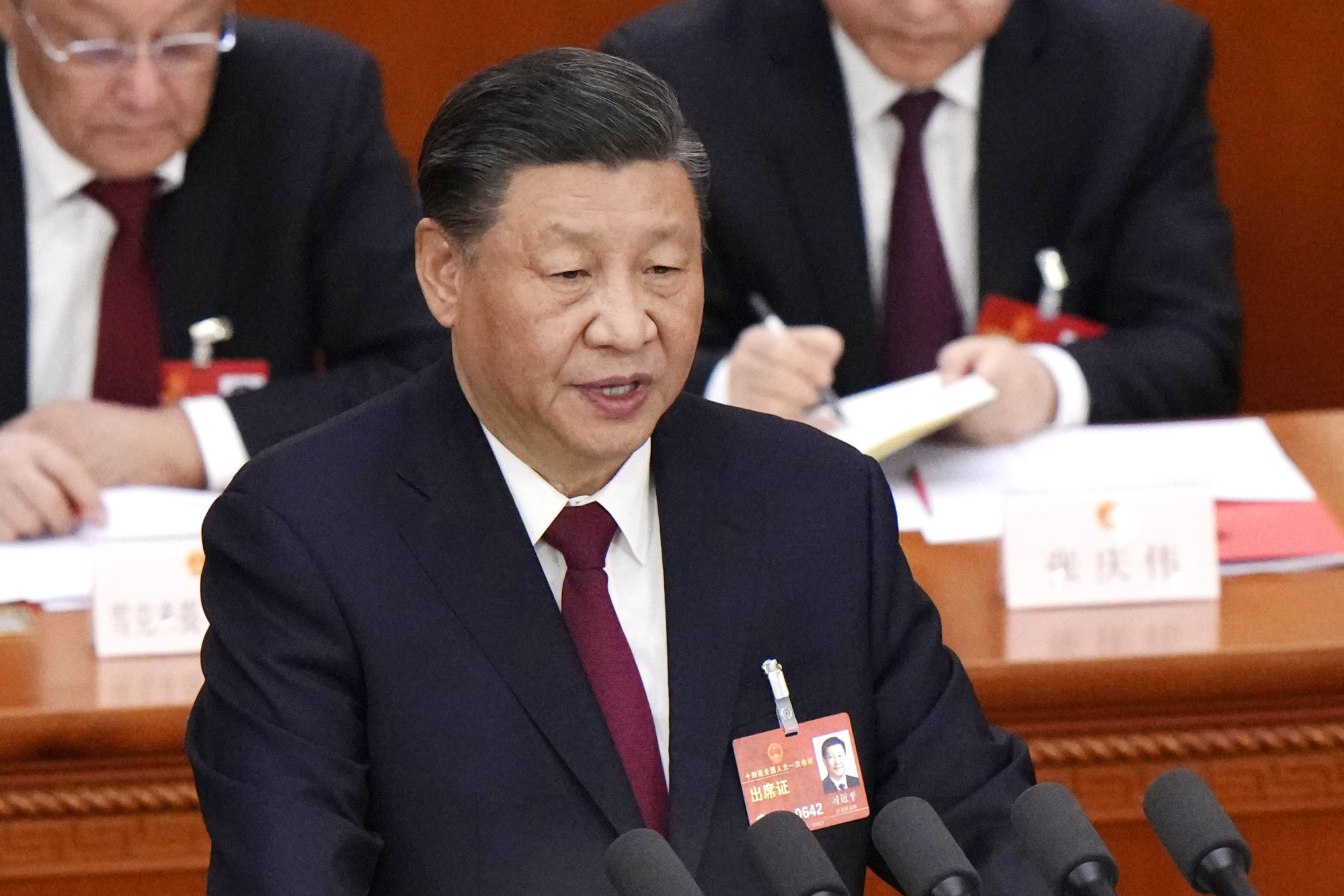 Chinese President Xi Jinping delivering a speech at the closing ceremony of the National People’s Congress in Beijing on March 13. Photo: Kyodo
