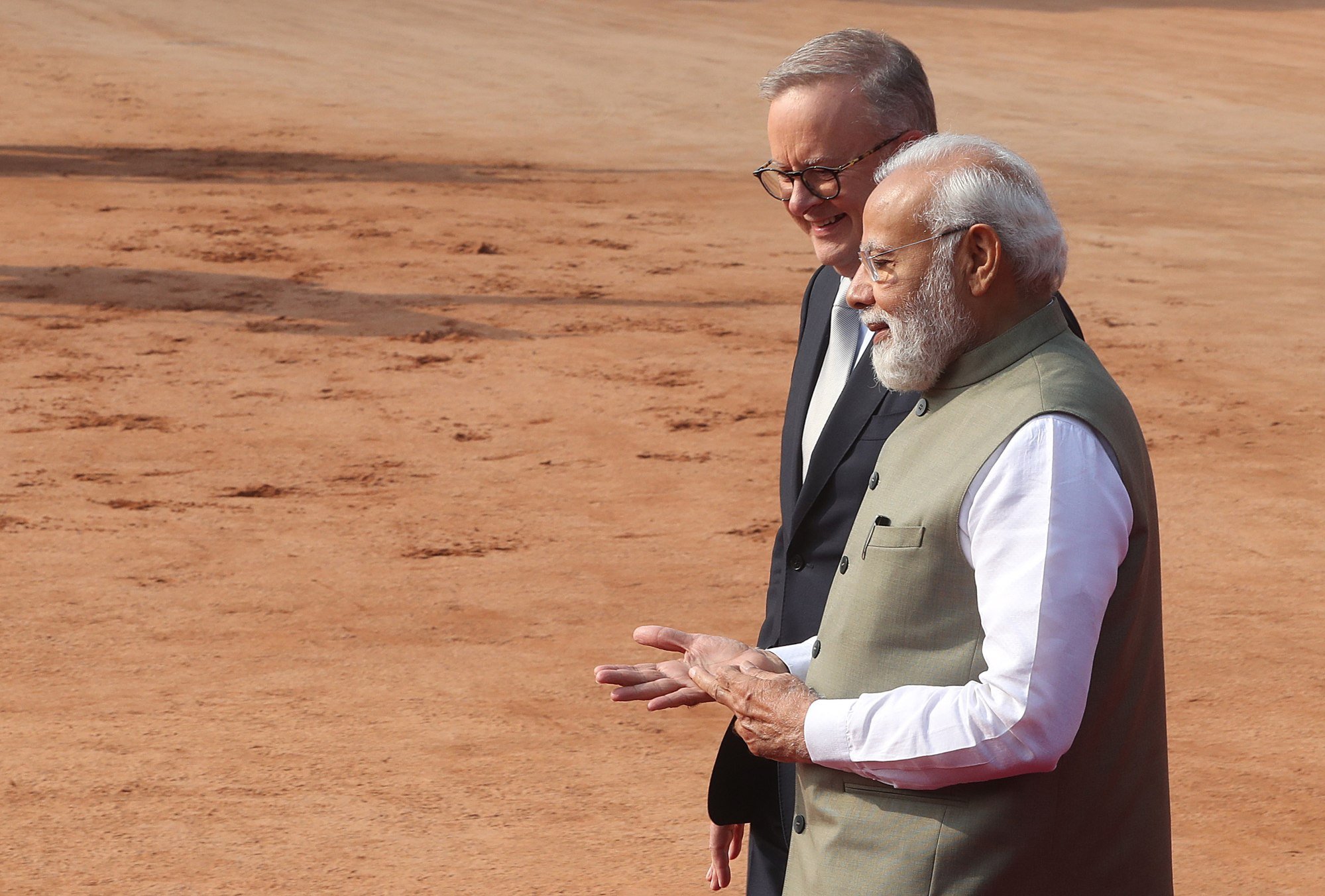 Visiting Australian Prime Minister Anthony Albanese is welcomed by Indian Prime Minister Narendra Modi during a ceremonial reception at the Presidential House in New Delhi, India, on March 10. The US is encouraging its allies like Australia to bet big on India as the slow process of decoupling investments from China begins. Photo: EPA-EFE