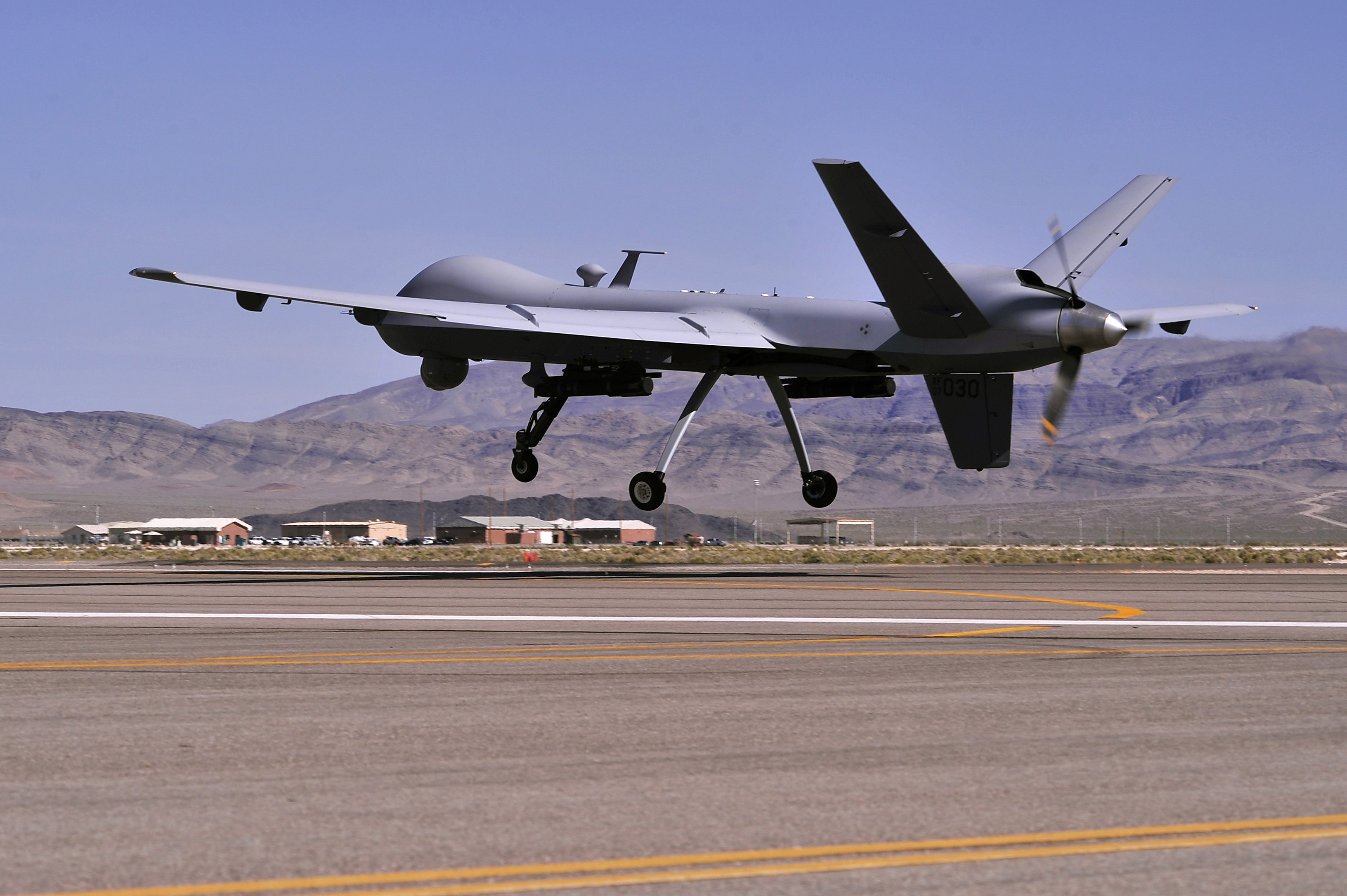 An MQ-9 Reaper drone takes off on a training mission at an air force base in Nevada, US. Photo: EPA-EFE/US air force