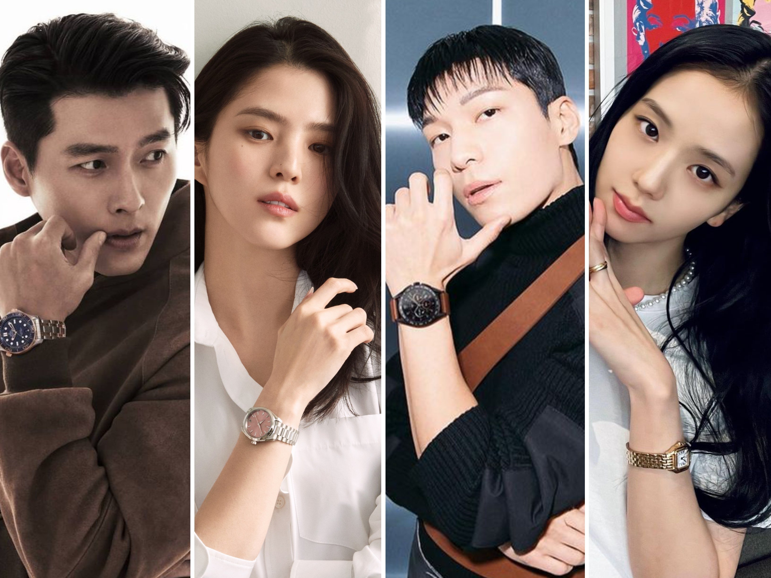 Hyun Bin, Han So-hee, Wi Ha-joon and Jisoo are all big names in K-pop and K-drama – and they all endorse luxury watch brands as a result. Photos: @vast.ent/Instagram; Omega; @wi__wi__wi, @sooyaaa__/Instagram