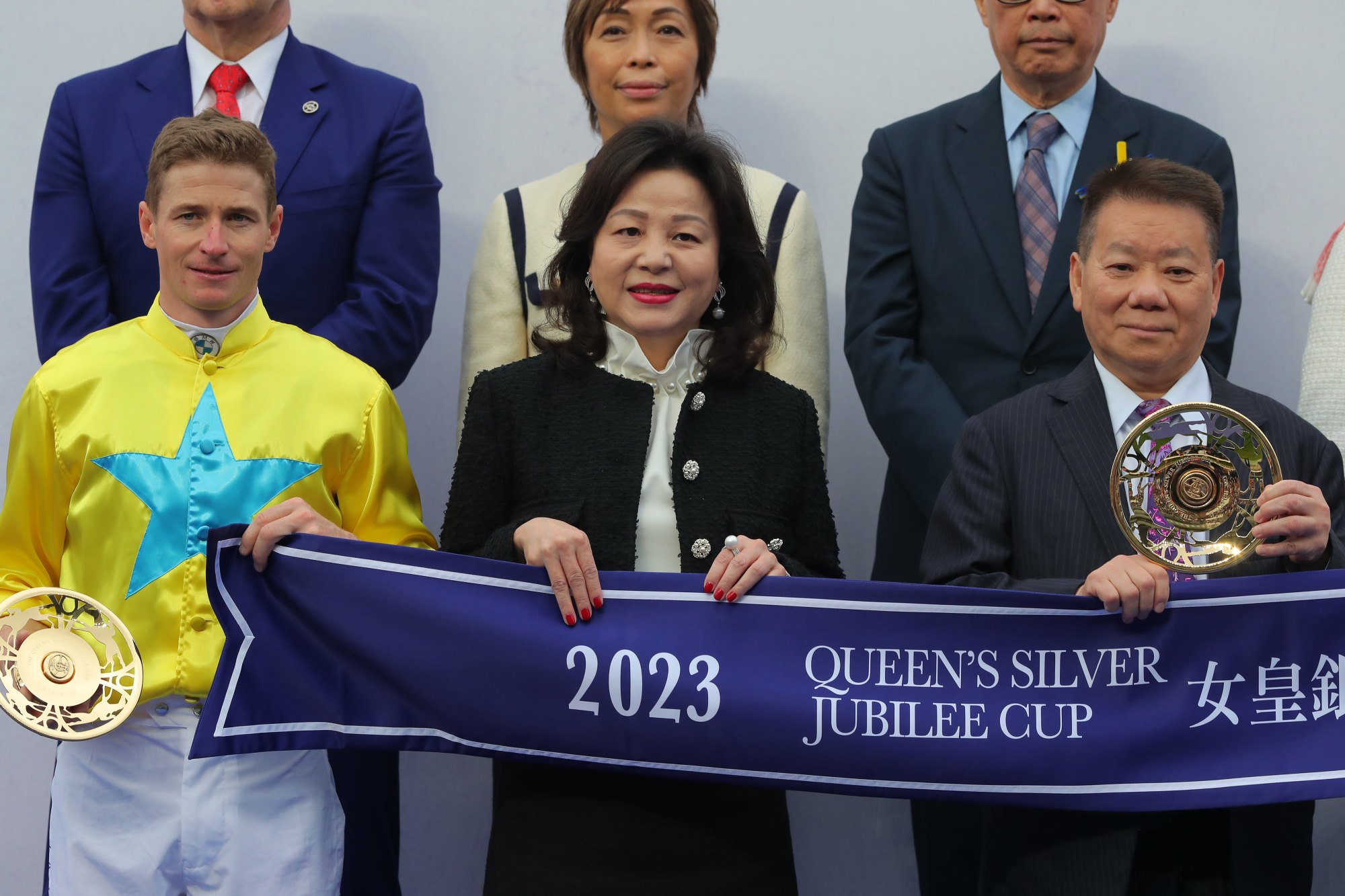 Jockey James McDonald and trainer Manfred Man receive their Queen’s Silver Jubilee Cup trophies. Jockey James McDonald and trainer Manfred Man receive their Queen’s Silver Jubilee Cup trophies.