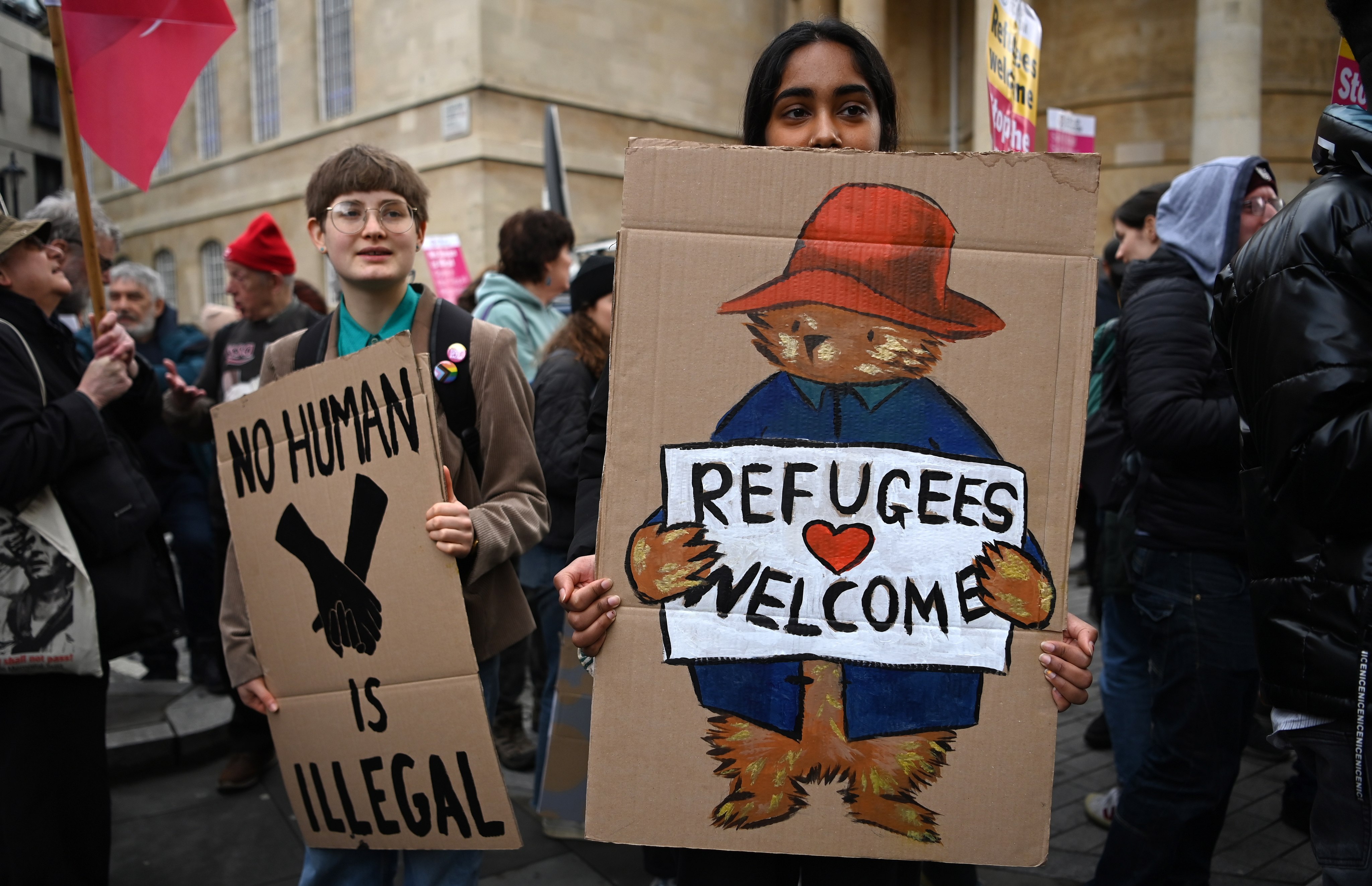 Protesters demonstrate against the UK government’s new Illegal Migration bill during an anti-racism demonstration in London on Saturday. Photo: EPA-EFE