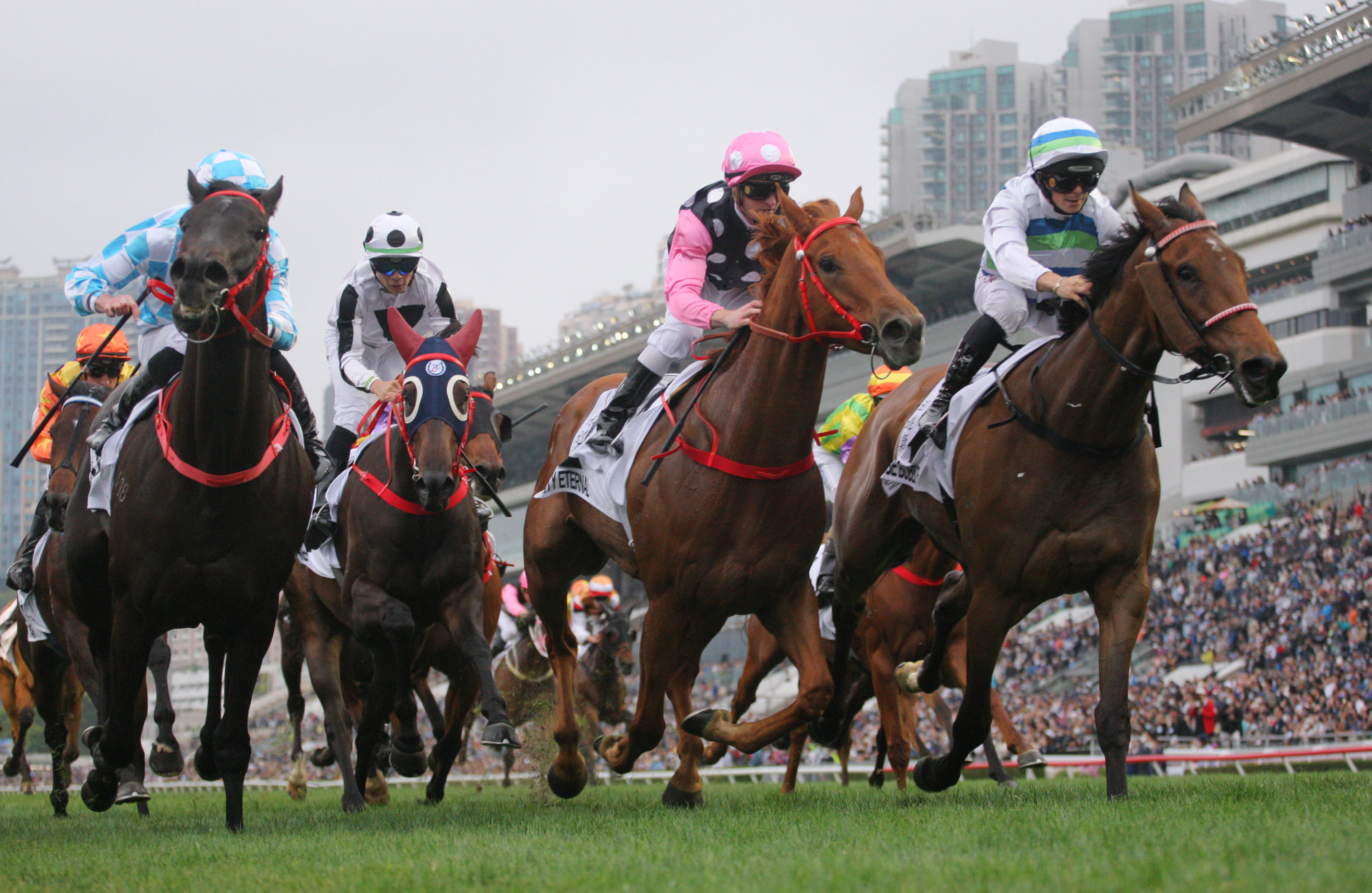 Voyage Bubble (right) defeats Tuchel (left) and Beauty Eternal (pink and black silks) to win the Sunday’s Hong Kong Derby.