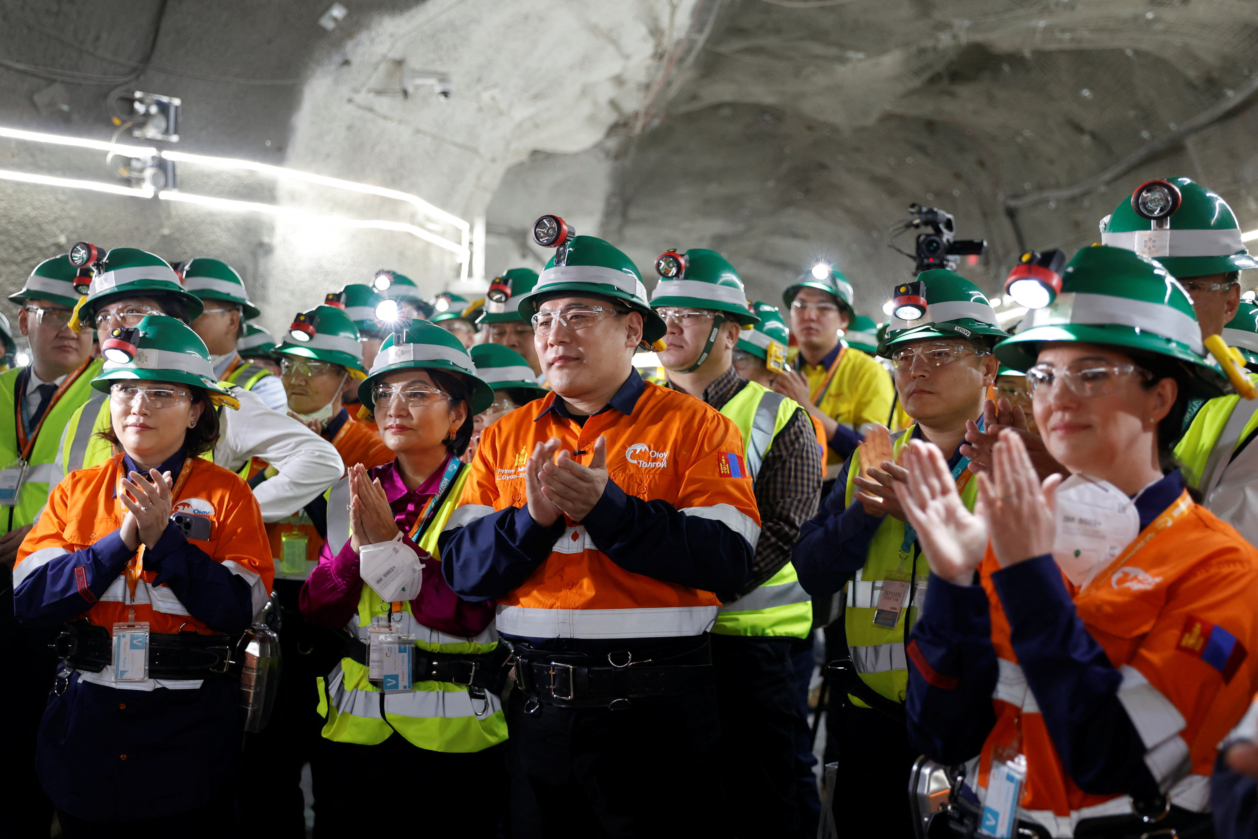 Mongolian Prime Minister Luvsannamsrain Oyun-Erdene attends the opening ceremony for an underground copper mine alongside Rio Tinto CEO Jacob Stausholm in Khanbogd, South Gobi, on March 13. Photo: Reuters
