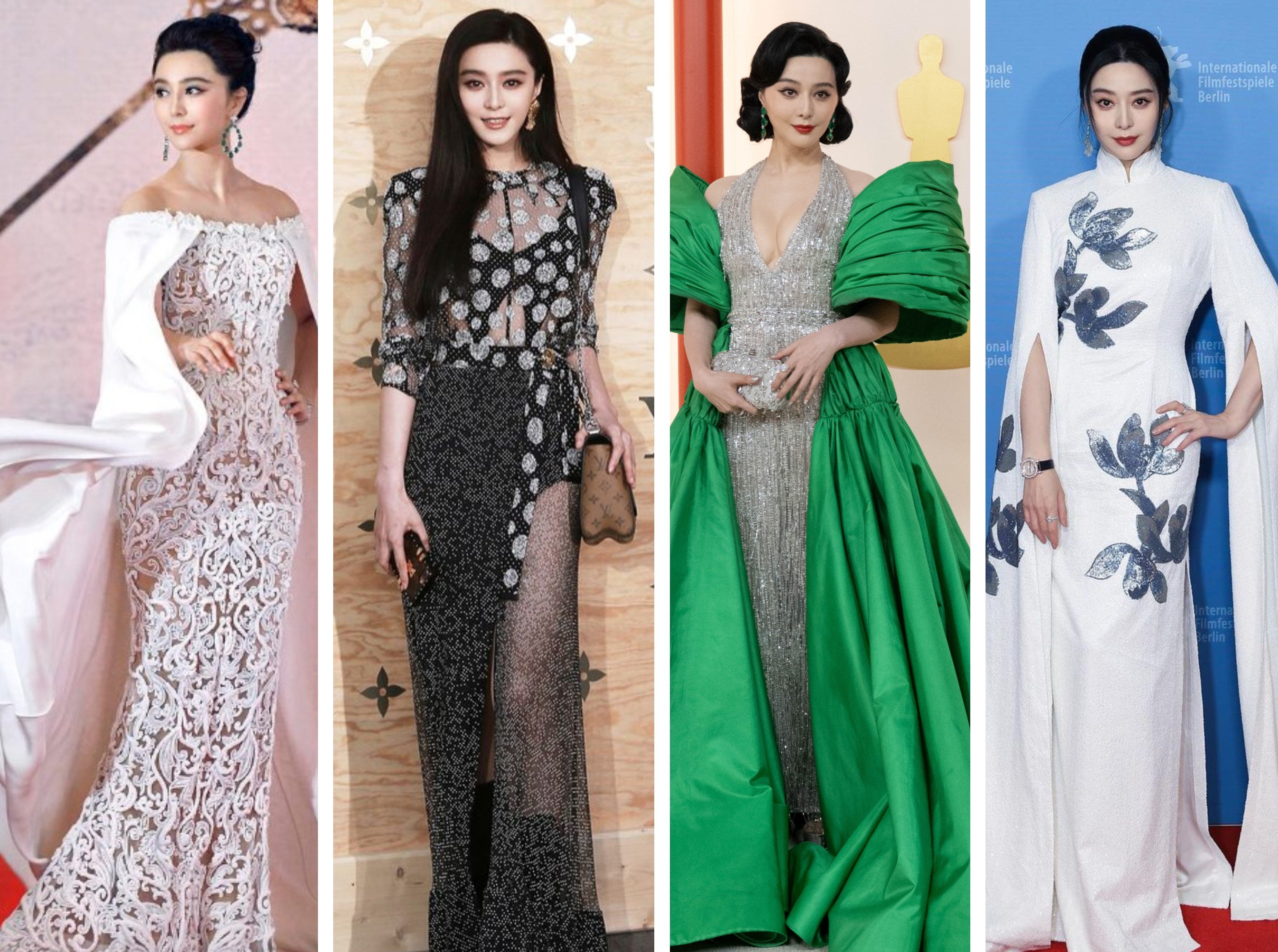 Chinese superstar Fan Bingbing’s favourite brands include Ralph & Rosso, Louis Vuitton, Tony Ward and Christopher Bu (left to right). Photo: @bingbing_fan/Instagram; AFP