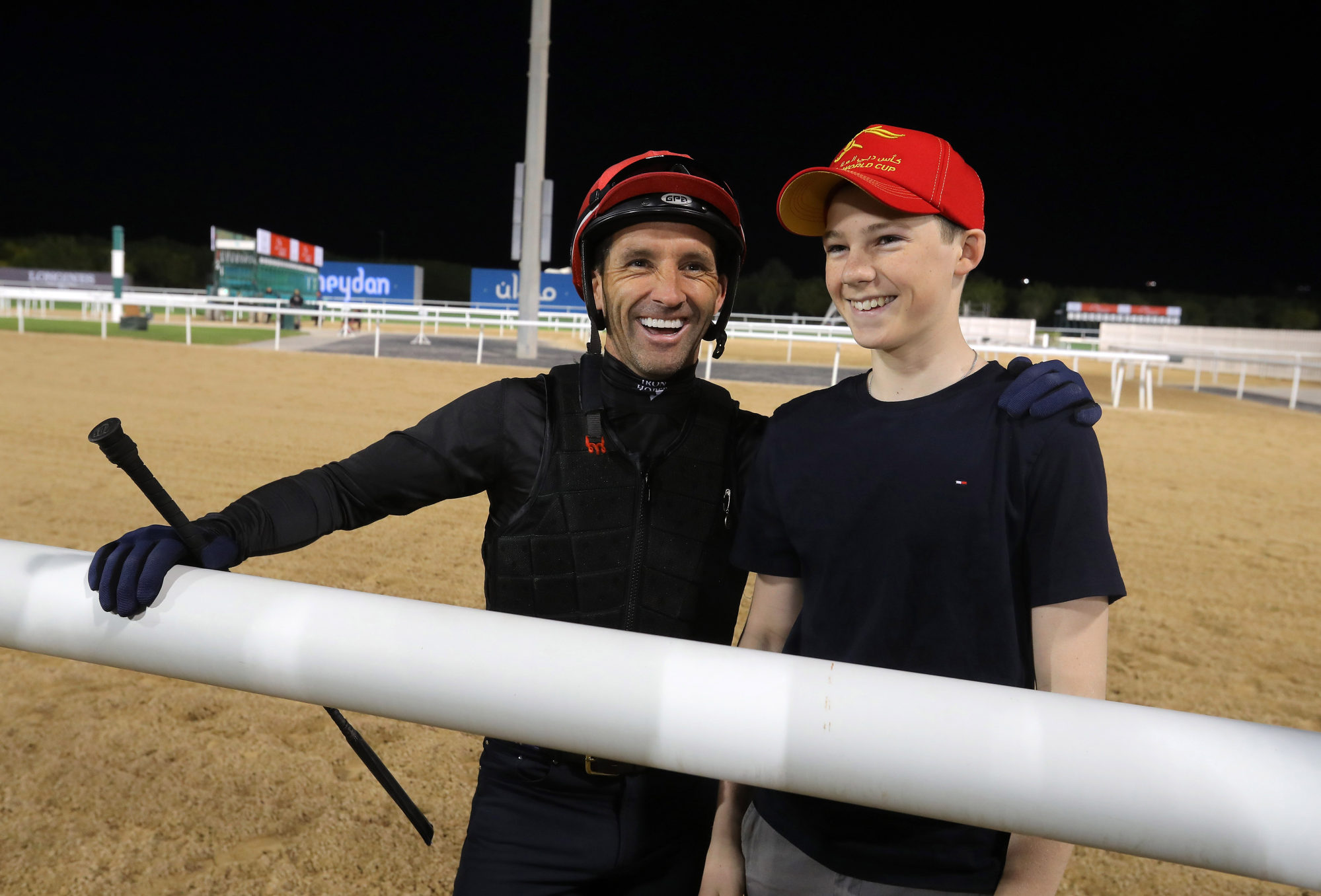 Neil Callan with his son Henry at Meydan on Wednesday morning.
