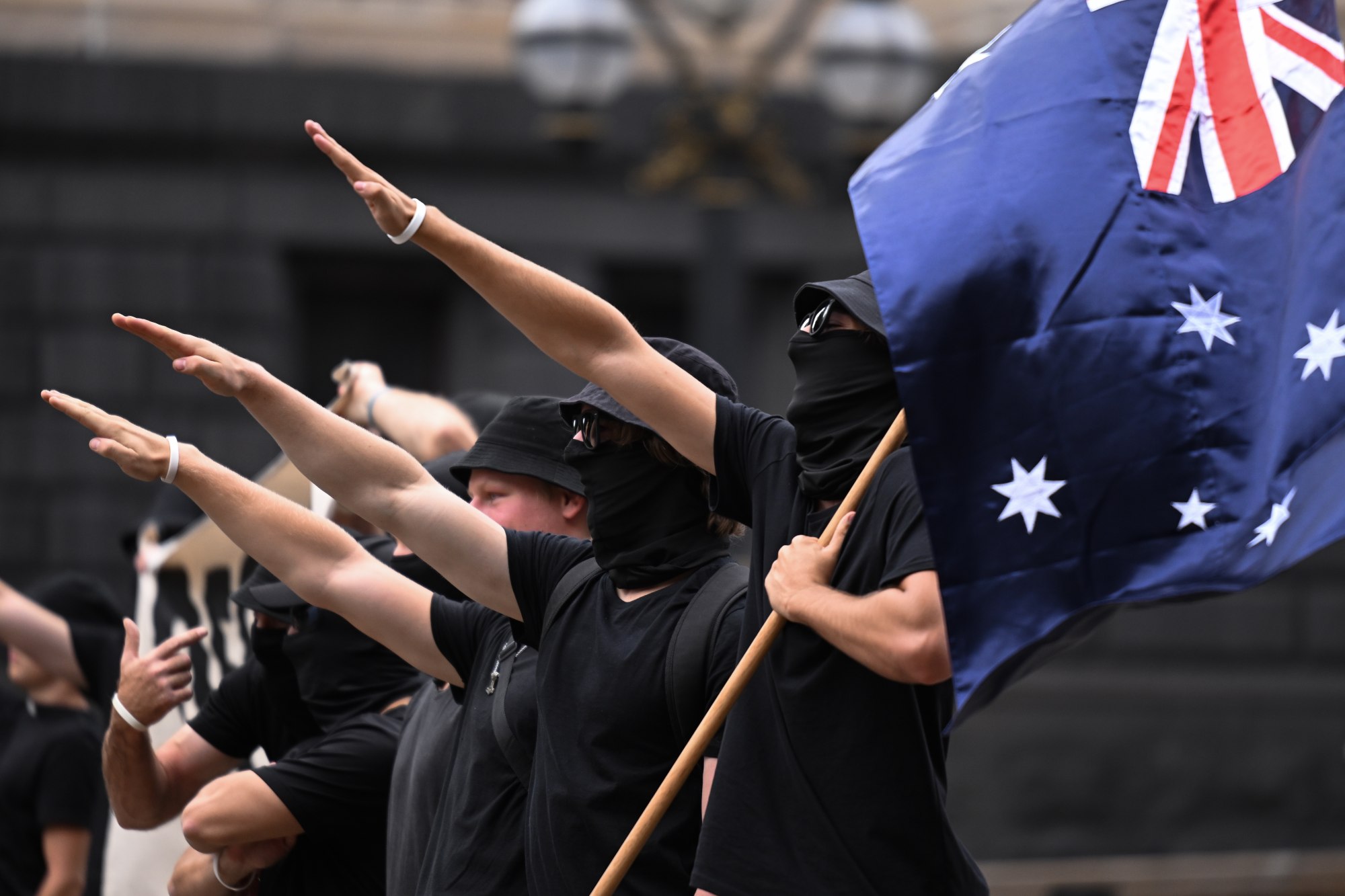 Neo-Nazis holding the Australian flag pictured at a protest in Melbourne on March 18. Photo: EPA-EFE