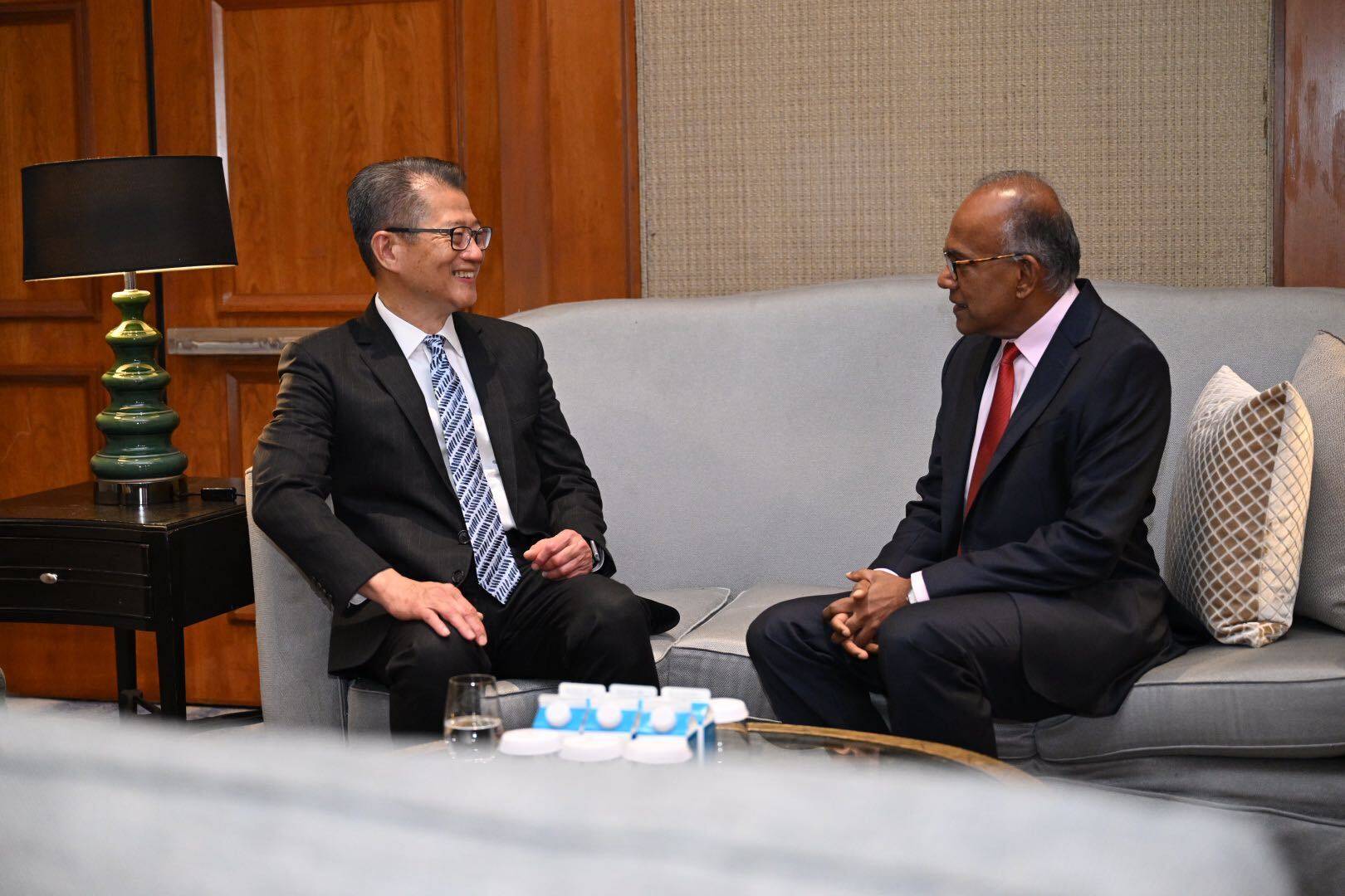 Hong Kong Financial Secretary Paul Chan Mo-po meets Singapore’s Home Affairs and Law Minister K Shanmugam at the sidelines of SCMP’s China Conference: Southeast Asia 2023. Photo: Handout