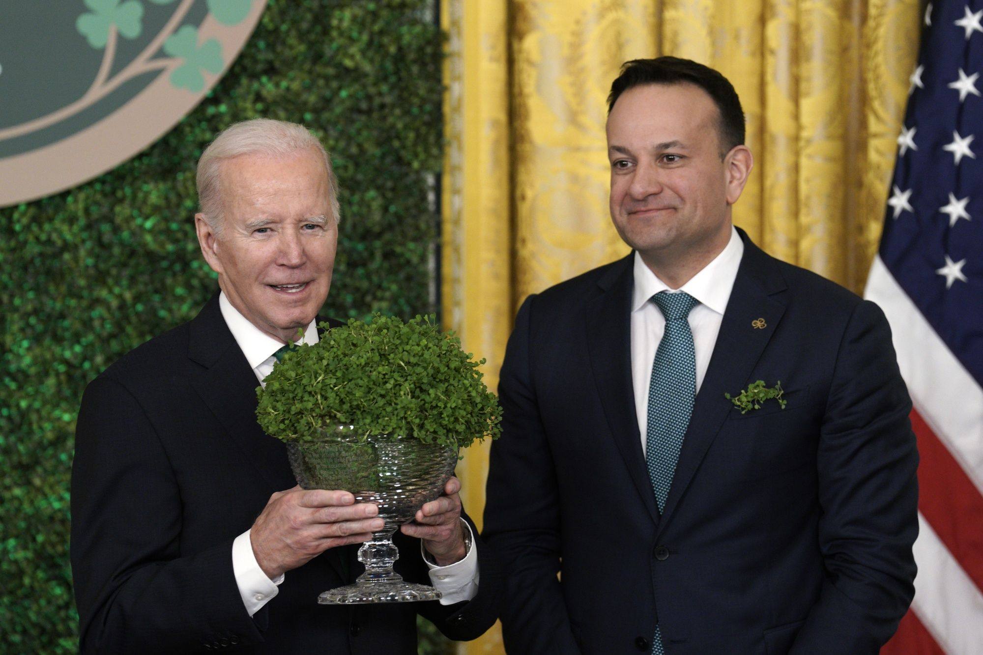 US President Joe Biden received a traditional bowl of Shamrock on St. Patrick’s Day. Photo: Bloomberg