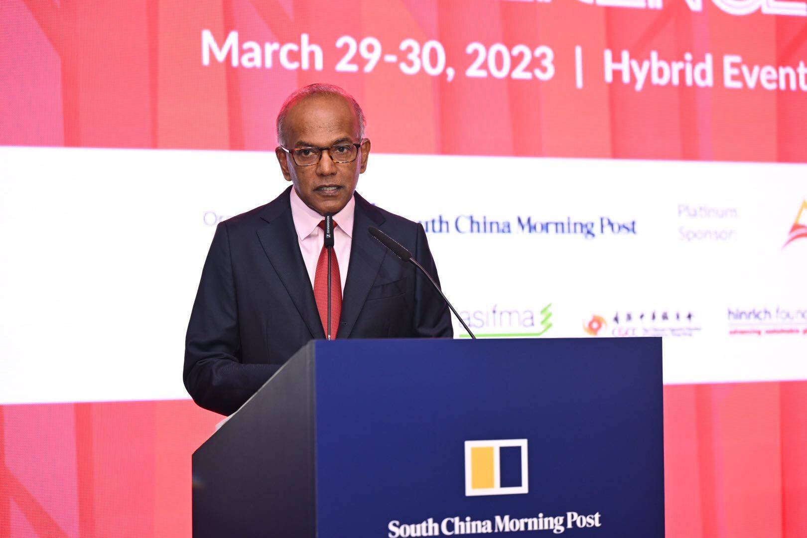 Singapore’s Home Affairs and Law Minister K Shanmugam addresses SCMP’s China Conference: Southeast Asia 2023, on March 29, 2023, in Singapore. Photo: Handout