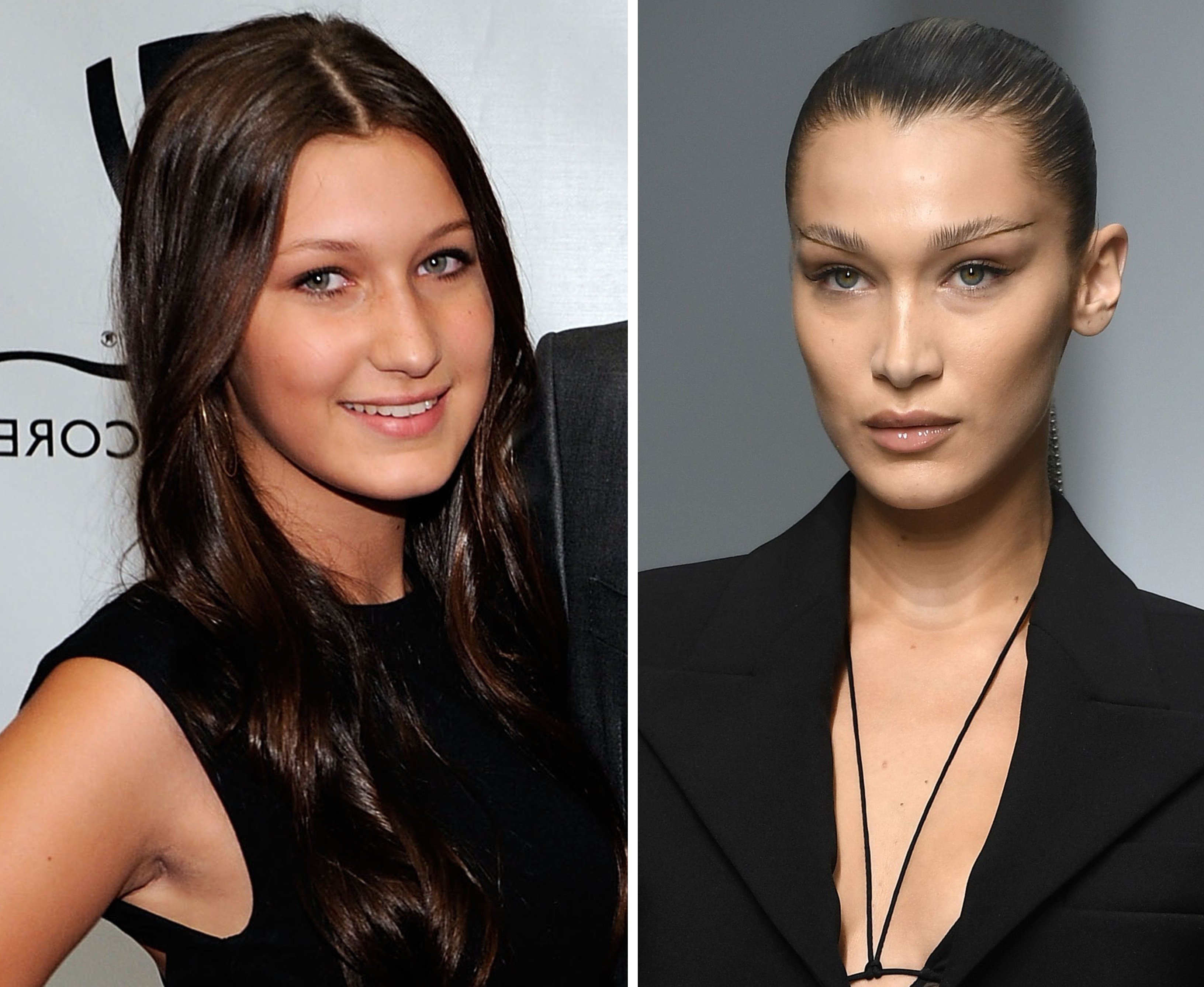 Bella Hadid – pictured at a benefit concert in Las Vegas, in 2010, then at Mugler’s women’s spring/summer 2020 ready-to-wear collection fashion show in Paris, in September 2019 – is rumoured to have undergone buccal fat removal. Photos: AFP, Getty Images