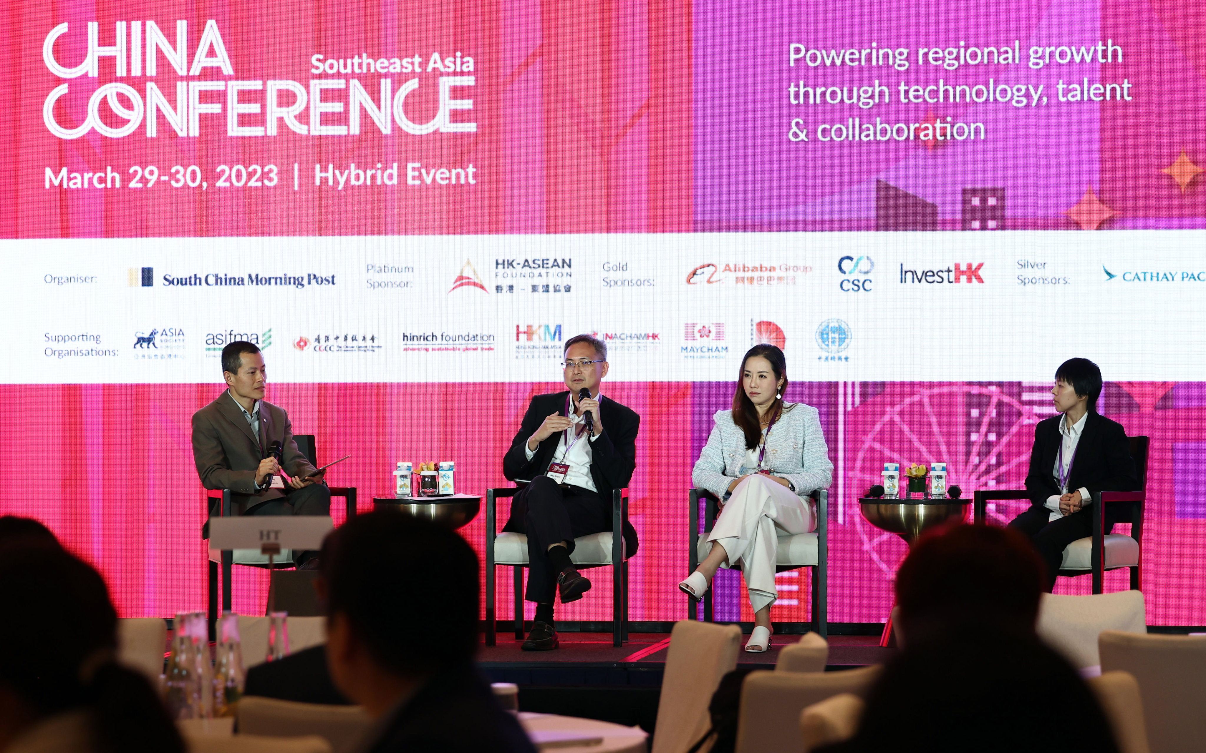 The panel focusing on EVs at the Post’s China Conference on Wednesday. From left to right, the SCMP’s Eric Ng, Wee Shann Lam, deputy CEO (technology) at LTA, Jasmmine Wong, CEO of Inchcape Greater China and Singapore, and Monica Huang, EV charging principal consultant at Envision Digital. Photo: Handout 