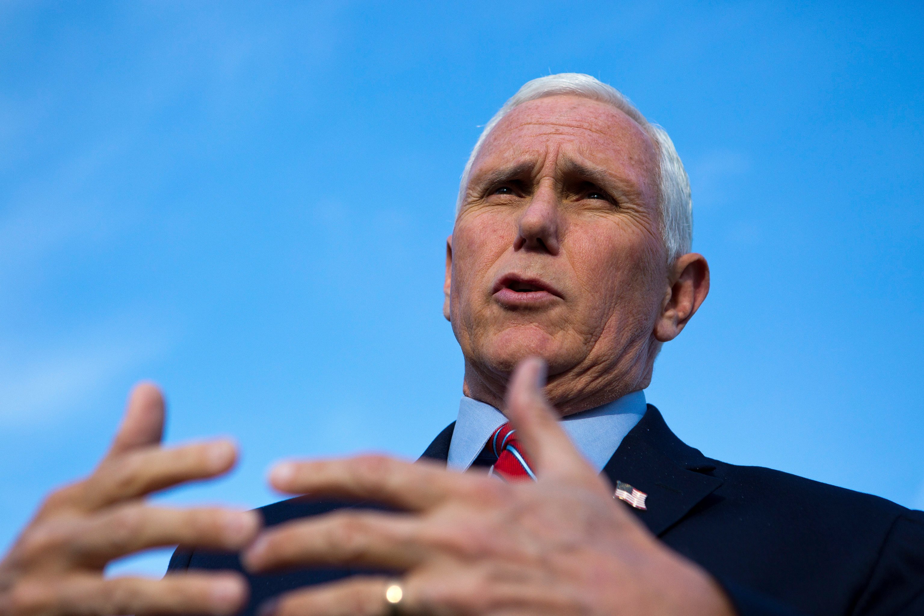 Former US vice-president Mike Pence speaks to reporters before an event at Washington and Lee University in Lexington, Virginia, on March 21. Photo: The Roanoke Times via AP
