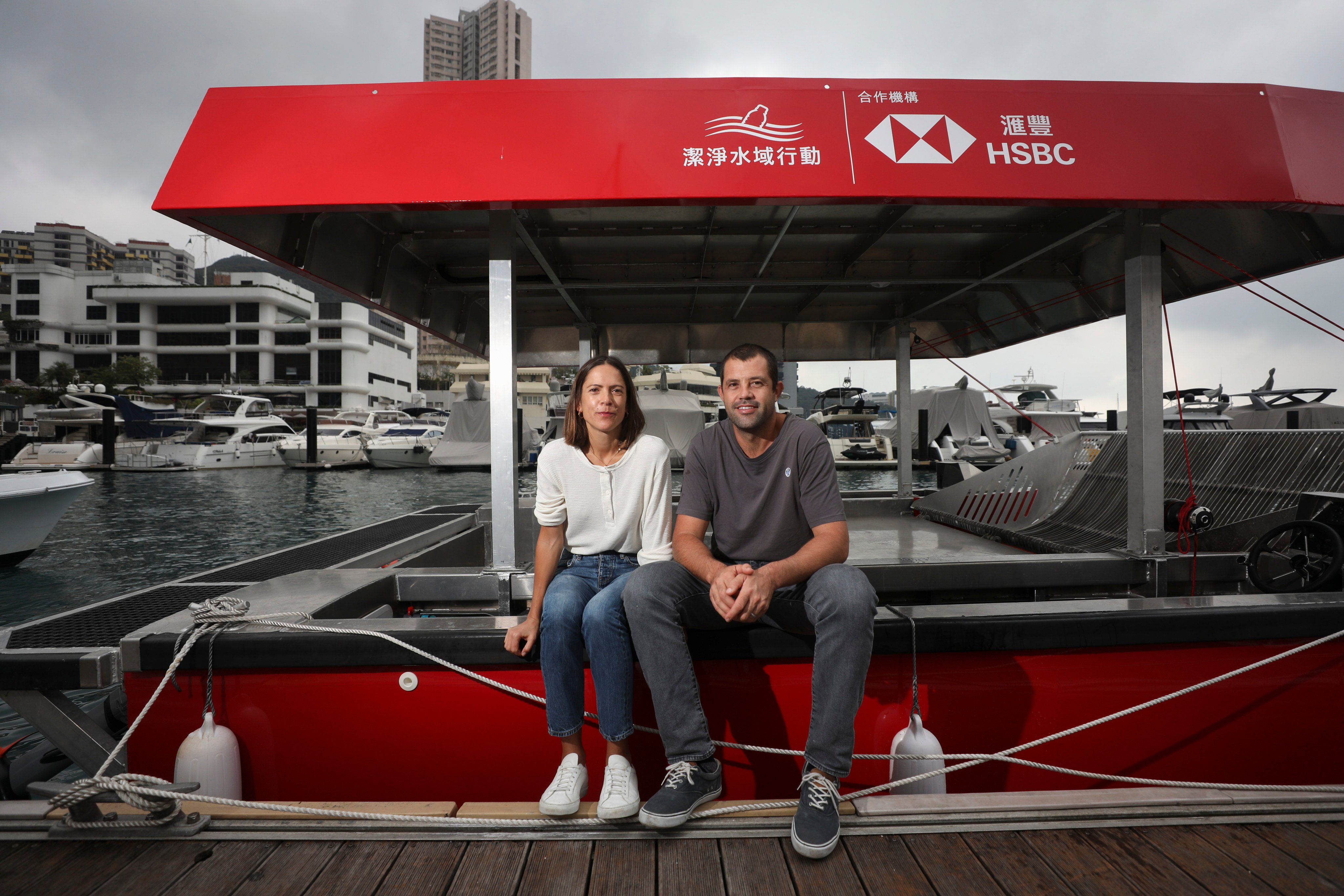 Ellen Ogren and Angus Harris, founders of the Clean Waterways Initiative that aims to remove plastic waste from the city’s polluted waters using zero-emission, solar-powered boats, seen here at the Aberdeen Marina Club, Hong Kong, on December 11, 2020. Photo: Xiaomei Chen