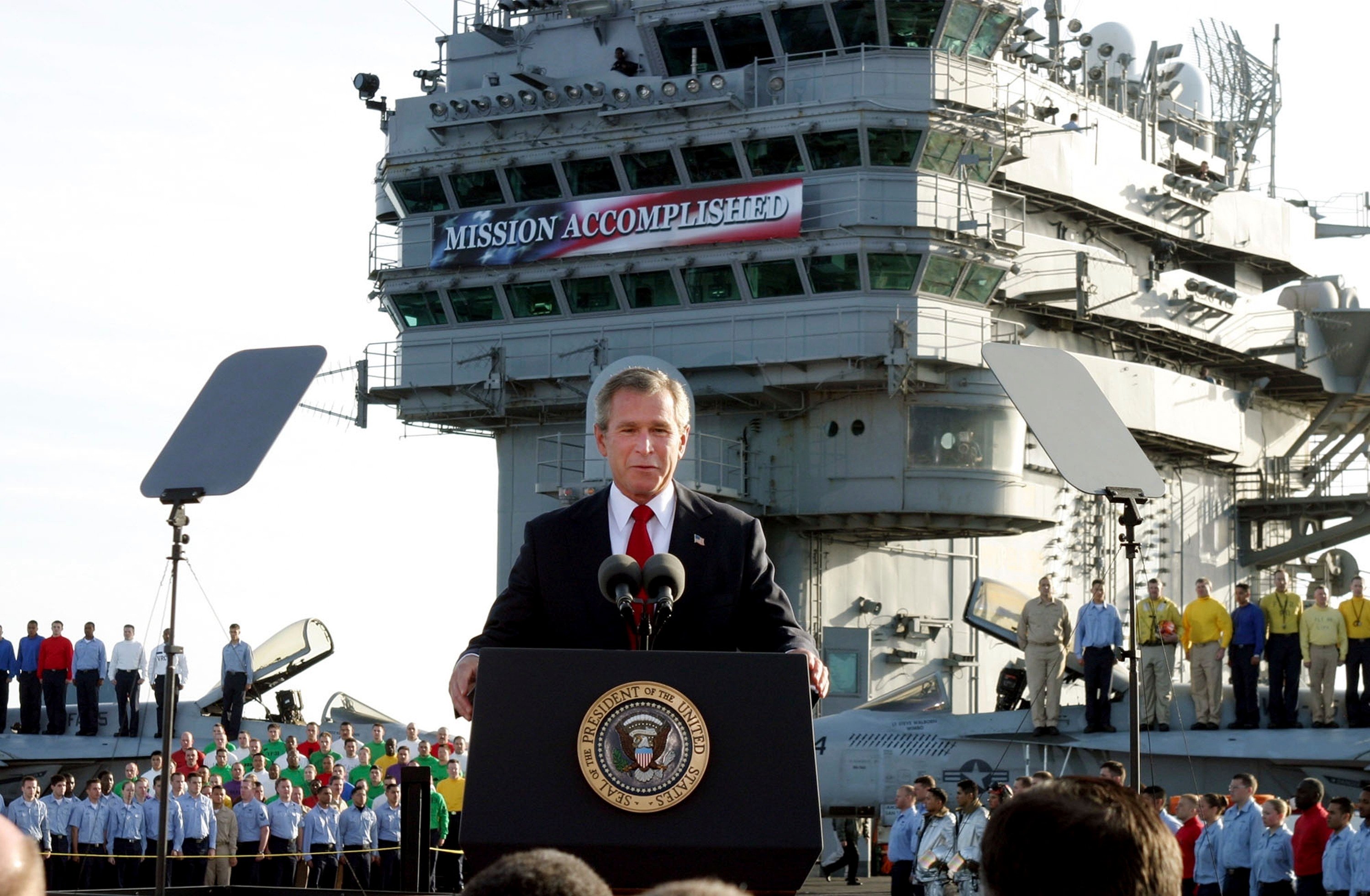 US President George W. Bush declares the major fighting over in Iraq as he speaks aboard the USS Abraham Lincoln off the California coast in May 2003. Photo: AP