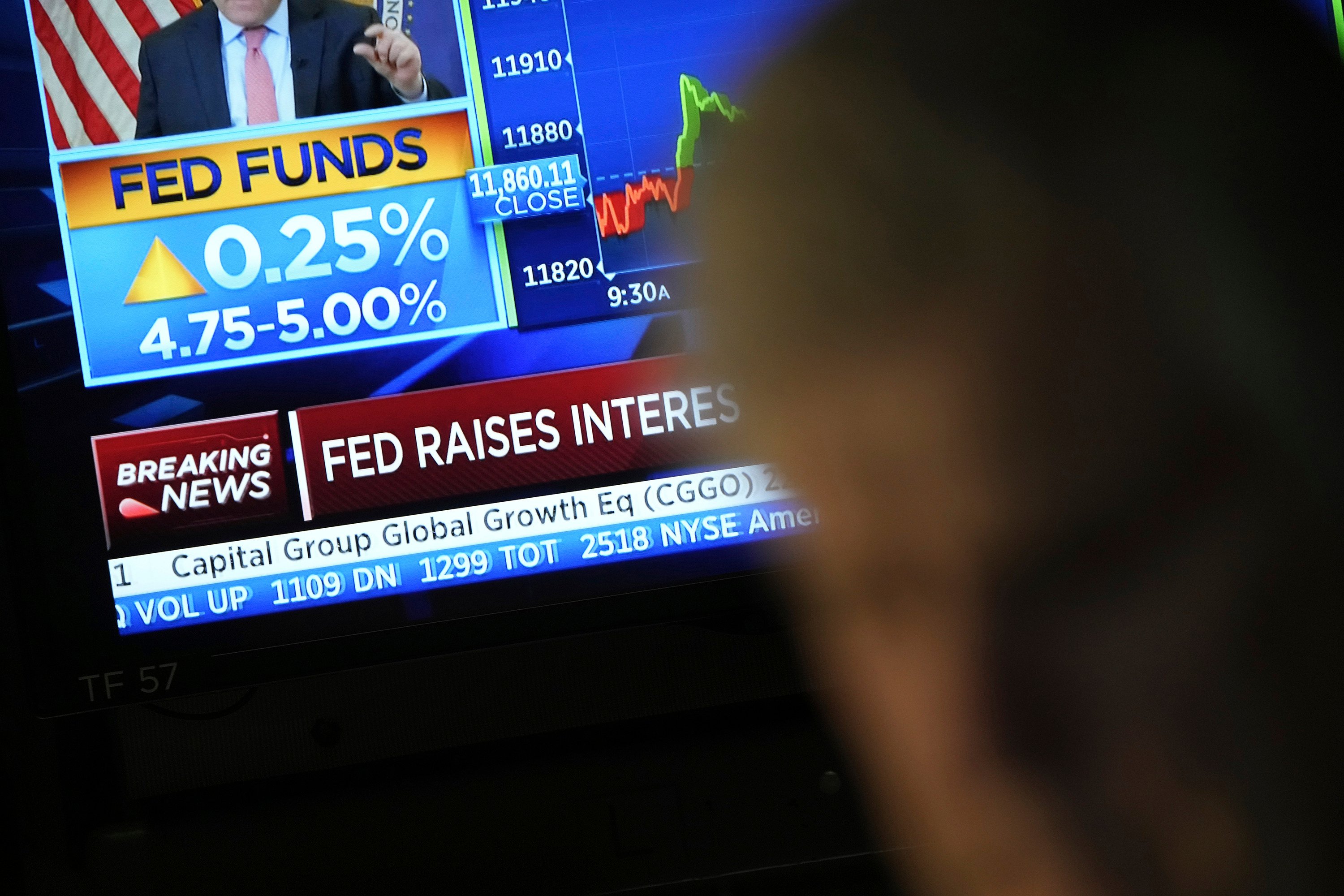 A rate announcement on a screen as traders work on the floor of the New York Stock Exchange on March 22. Markets  expect rates to drop after a final increase in May but inflation, jobs and economic data may well force the Fed to tighten credit further. Photo: AP