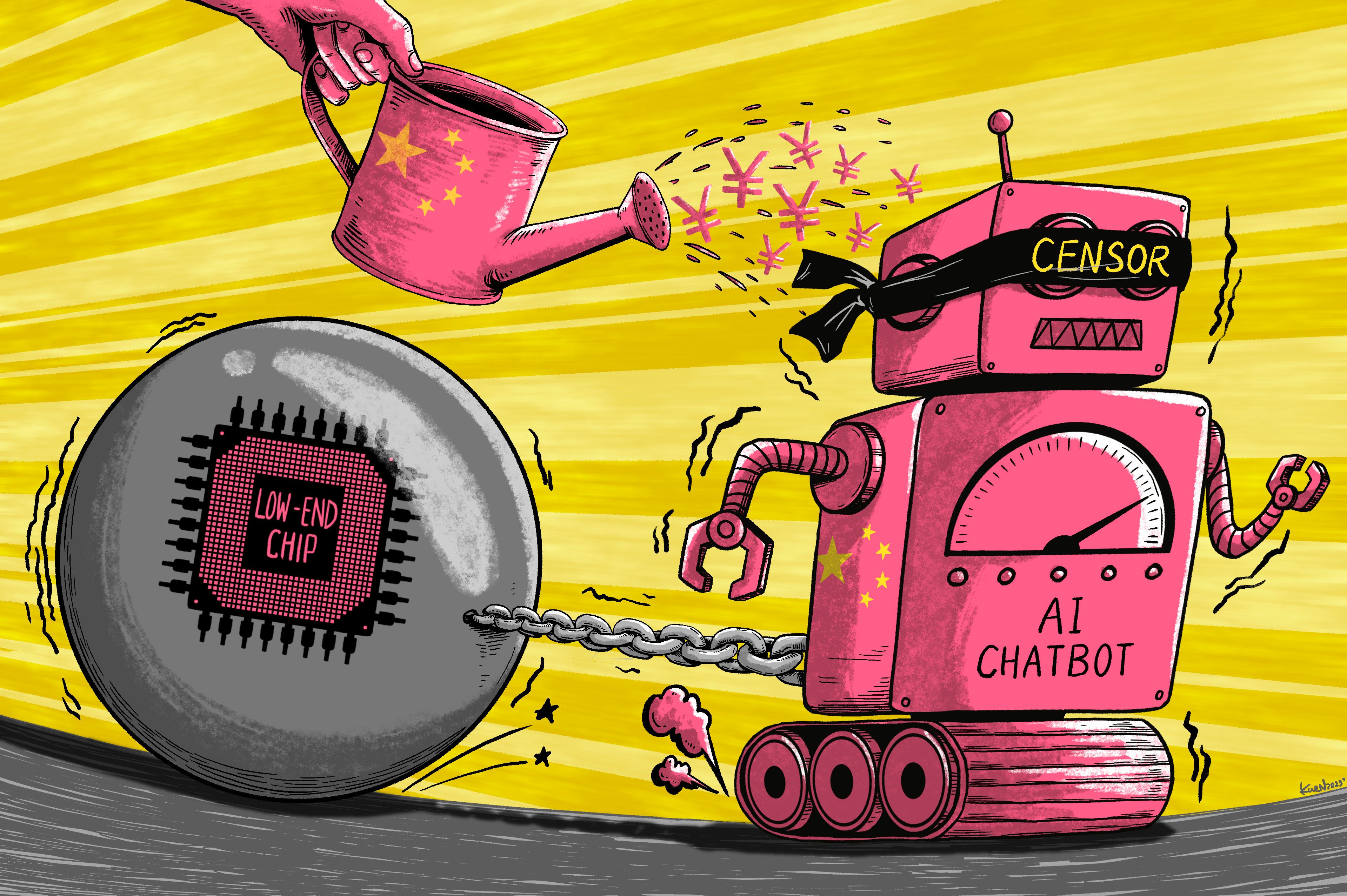 China has been pouring billions of dollars into artificial intelligence development, but censorship and technological limitations may hinder the country’s drive to build a a true competitor to ChatGPT. Illustration: Lau Ka-kuen