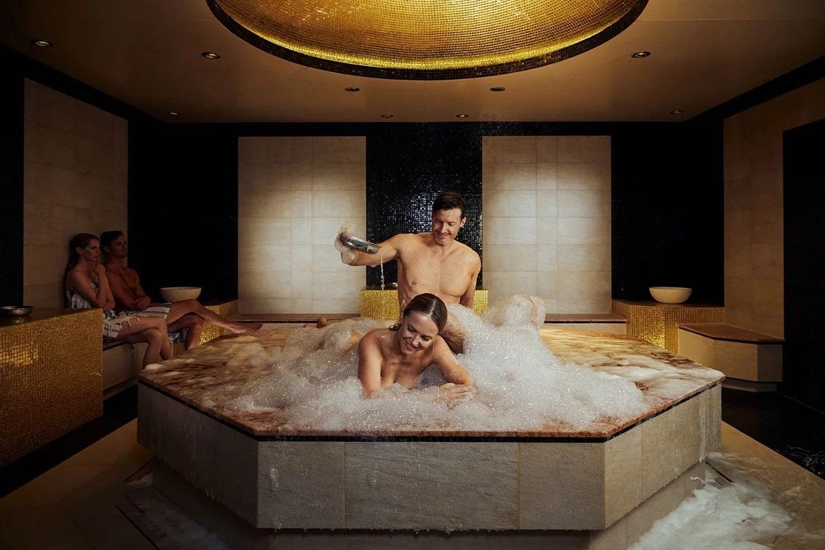 A couple unwinds in the Turkish hammam at The Well in Norway, which has Scandinavia’s largest spa and one where being naked in the saunas and steam rooms is expected. Photo: The Well