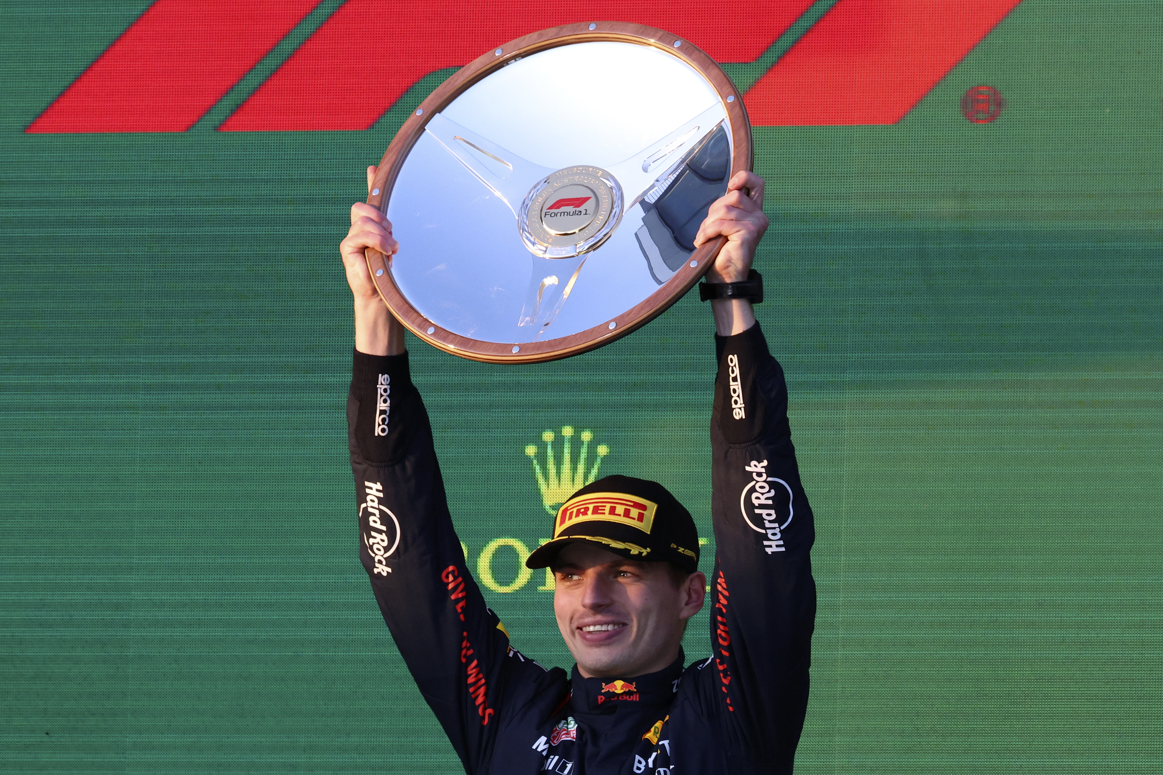Red Bull’s Max Verstappen celebrates after winning the Australian Grand Prix. Photo: AP
