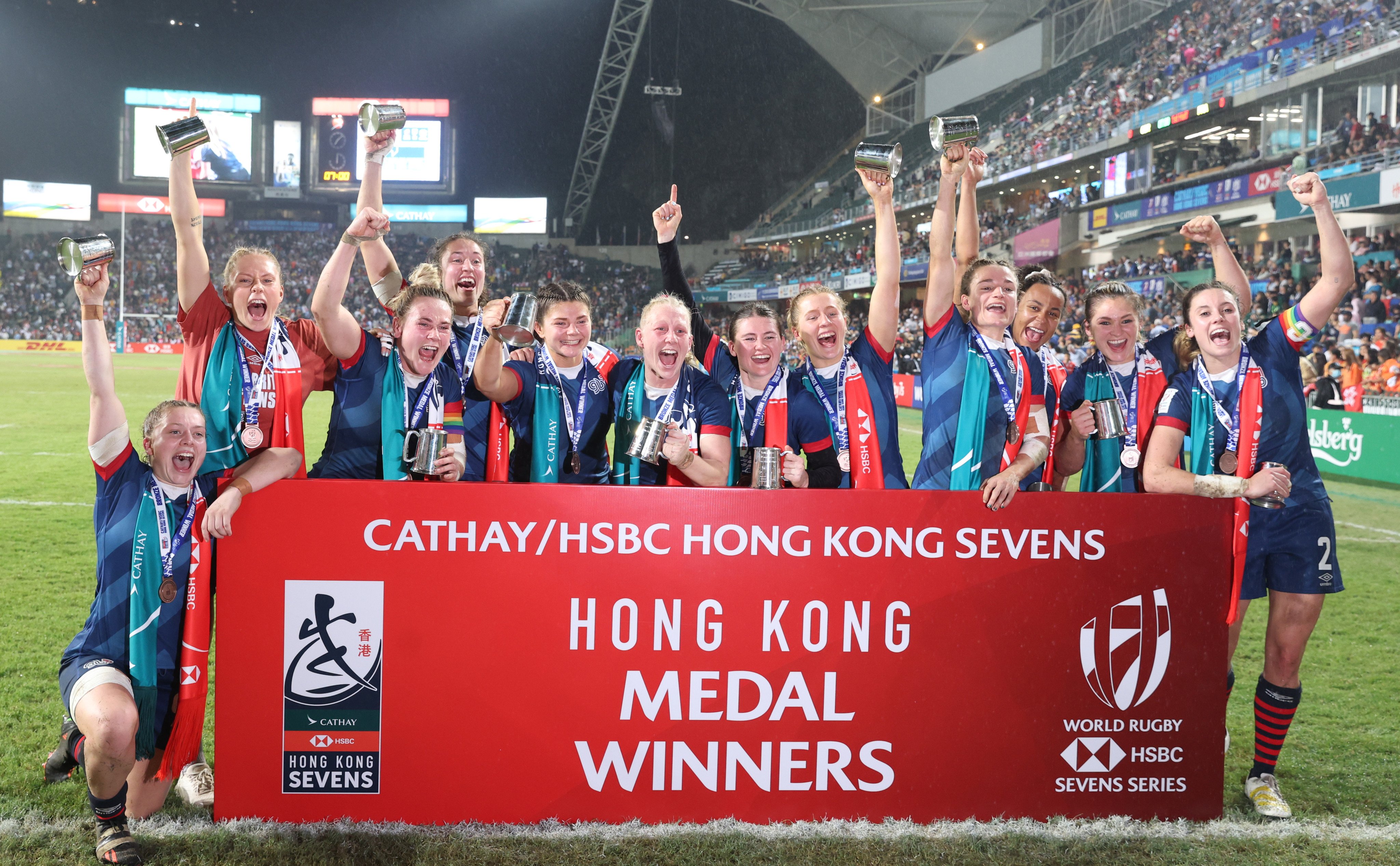 Great Britain celebrate victory over Fiji in the women’s bronze medal final on the third day of the 2023 Hong Kong Sevens. Photo: Yik Yeung-man