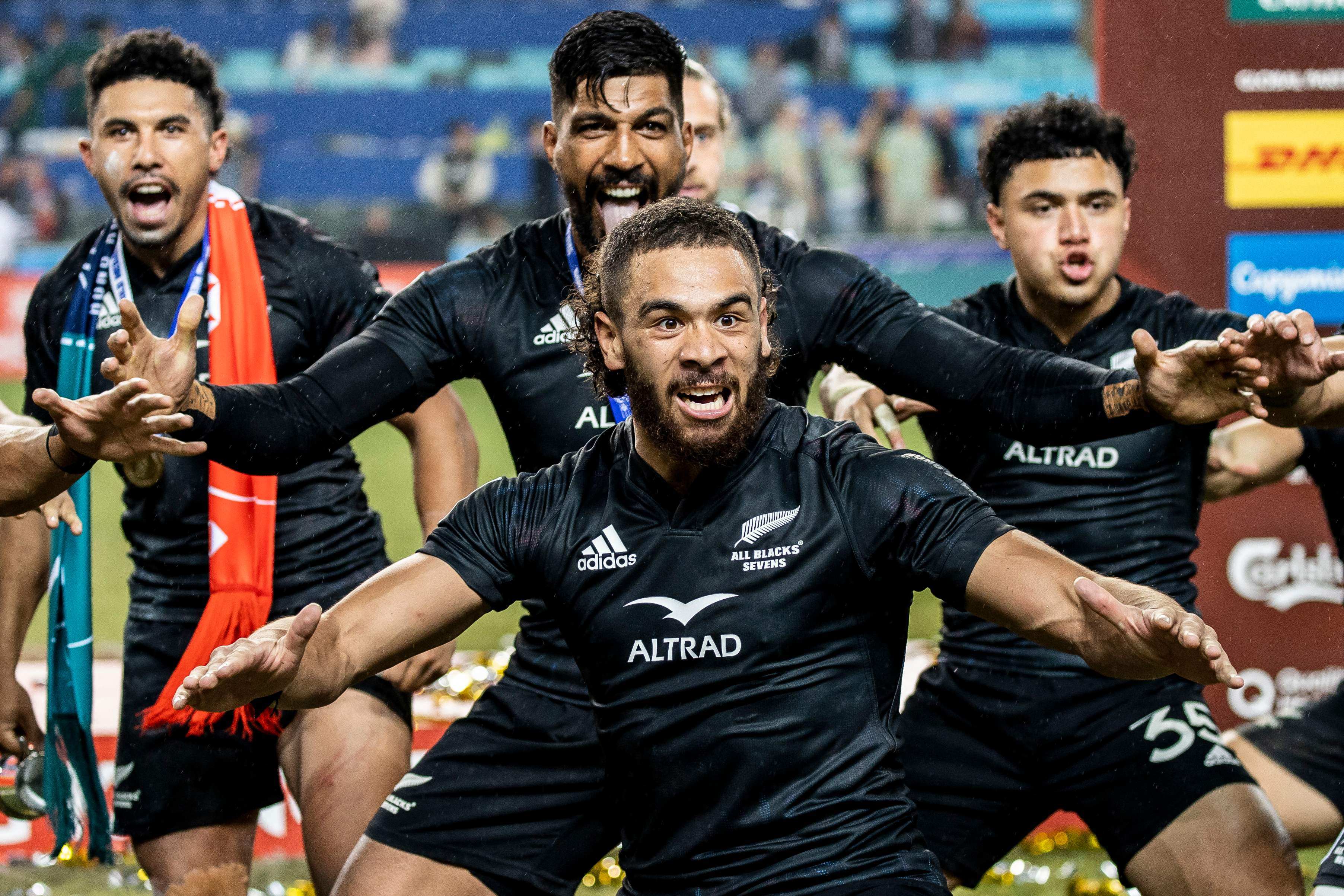 New Zealand perform the Haka after defeating Fiji in the final on the third day of the Hong Kong Sevens rugby tournament on Sunday. Photo: AFP