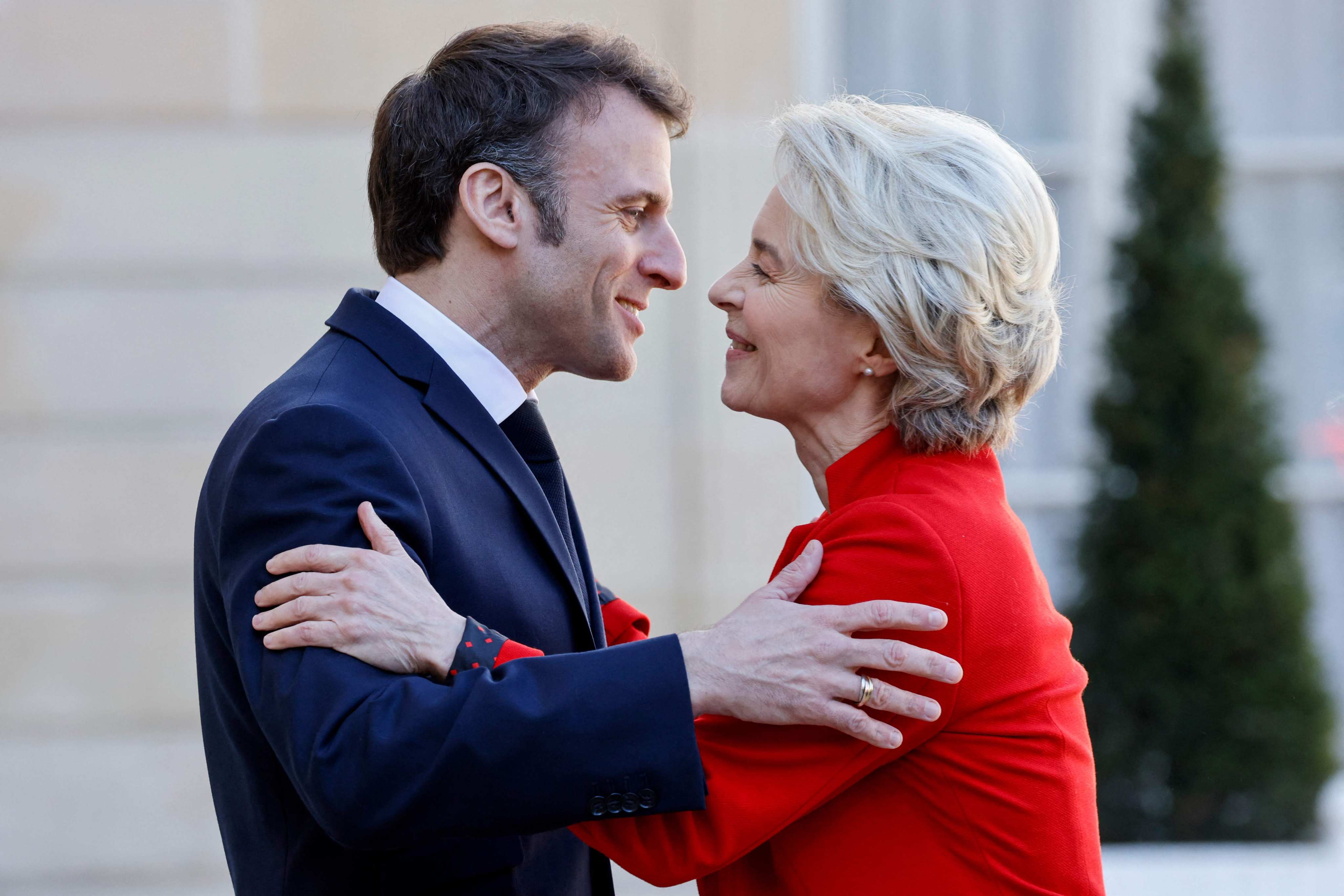 French President Emmanuel Macron welcoming European Commission President Ursula von der Leyen in Paris on Monday. But the two leaders may disagree sharply on how to deal with China during their trip to Beijing. Photo: AFP