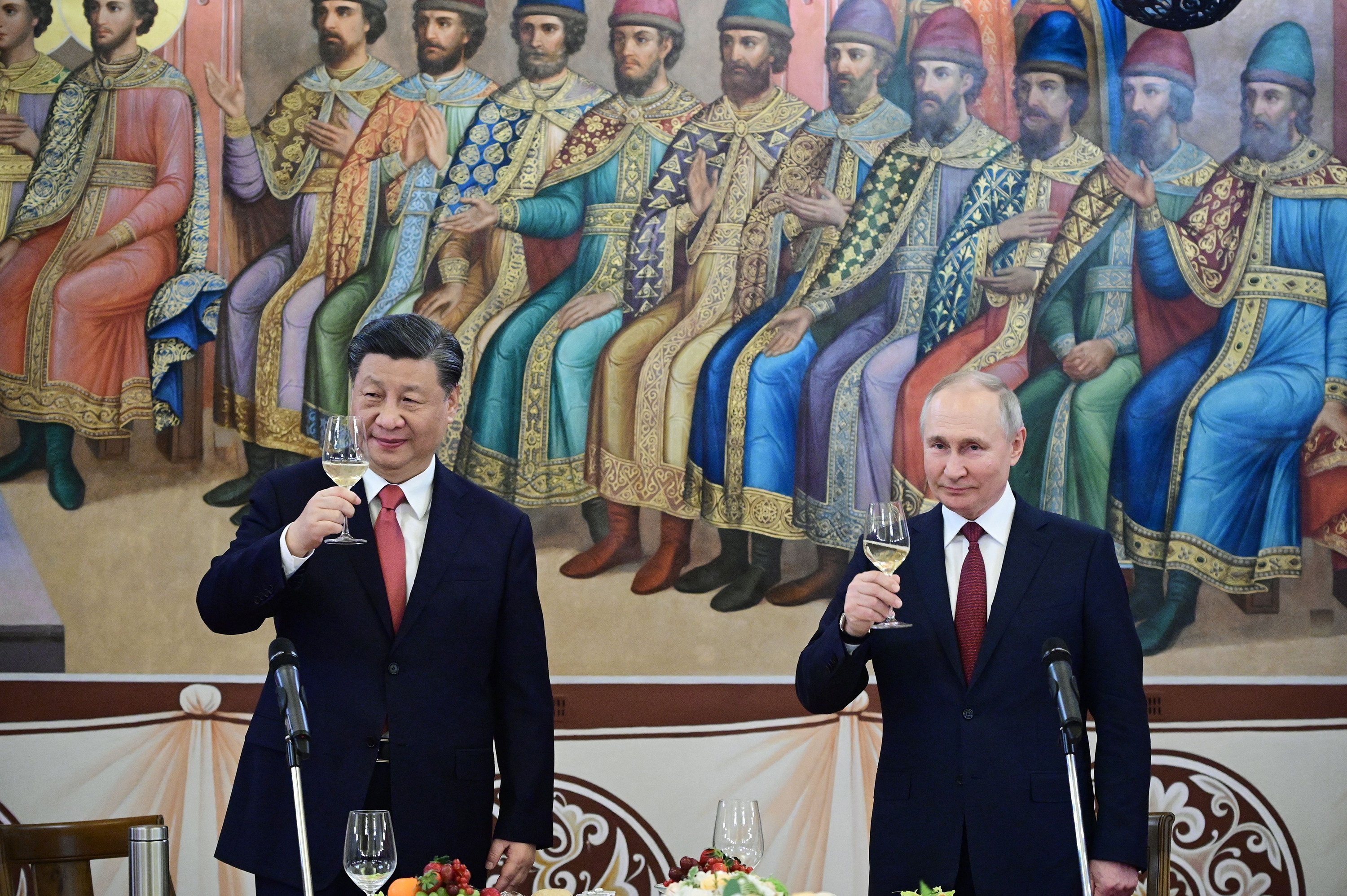 President Xi Jinping (left) and Russian President Vladimir Putin hold a toast during a reception following their talks at the Kremlin in Moscow on March 21. While the diplomatic and security aspects of the talks have received a great deal of attention, economic cooperation is an equally important part of the China-Russia relationship. Photo: AFP