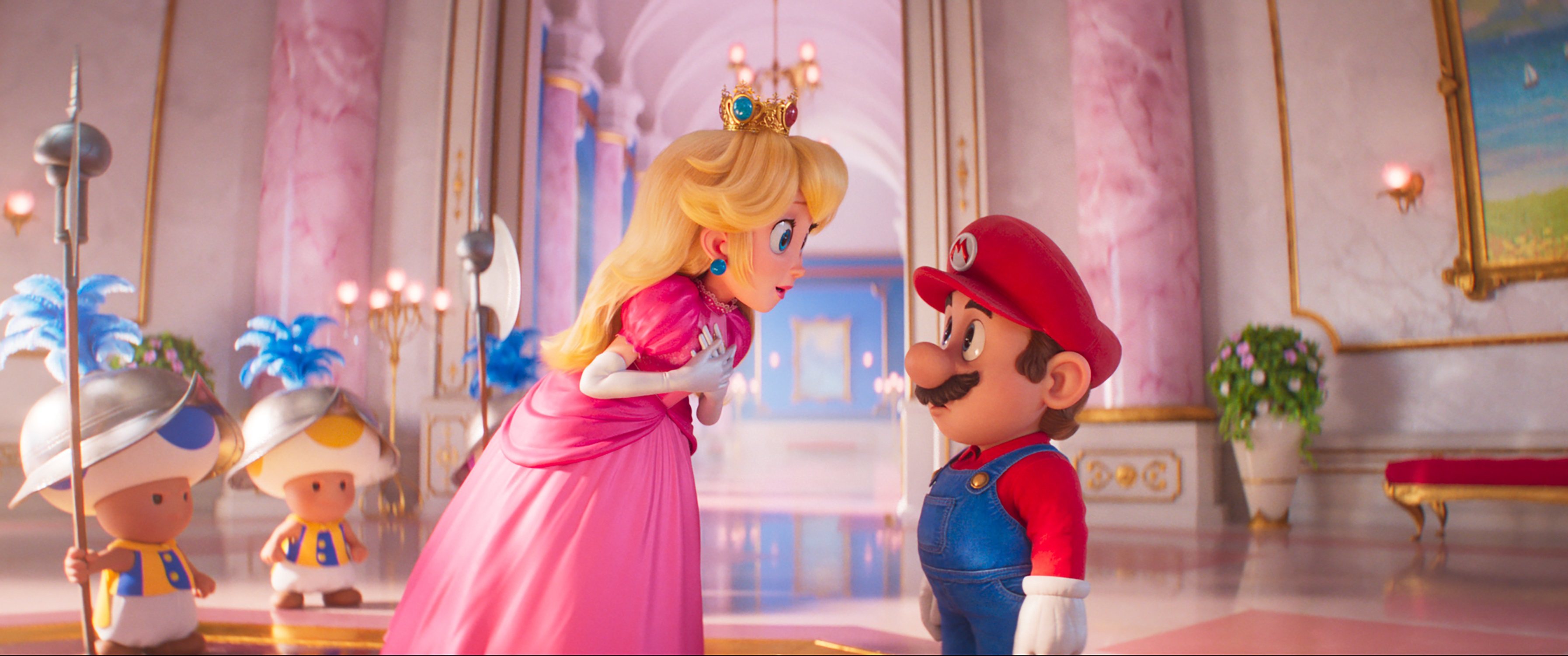 Princess Peach (voiced by Anya Taylor-Joy) and Mario (Chris Pratt) in a still from The Super Mario Bros. Movie.