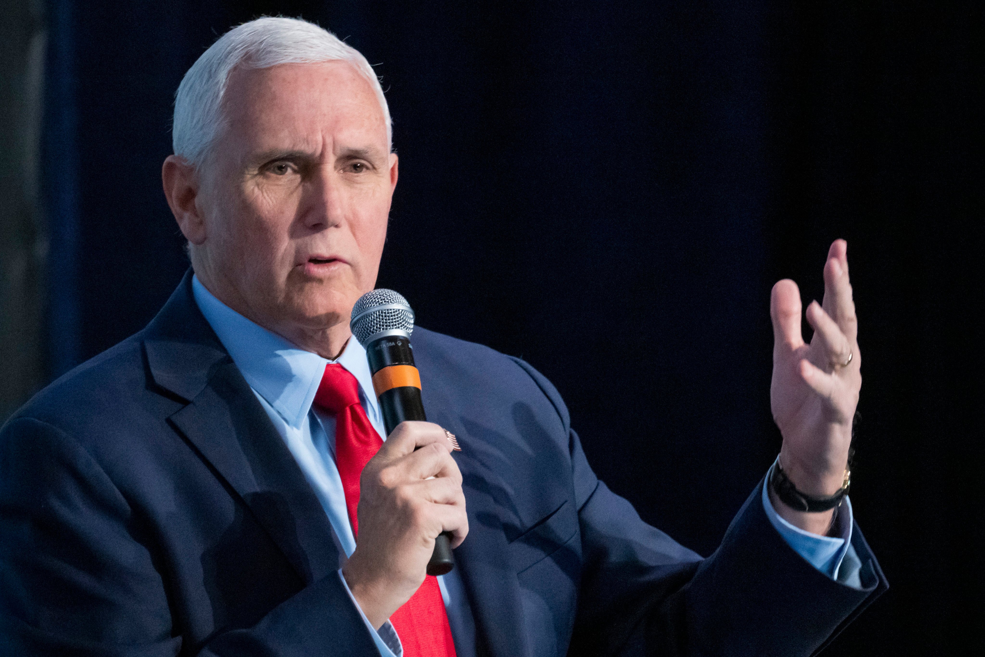 Former US vice-president Mike Pence speaks at the National Review Ideas Summit in Washington on Friday. Photo:AP