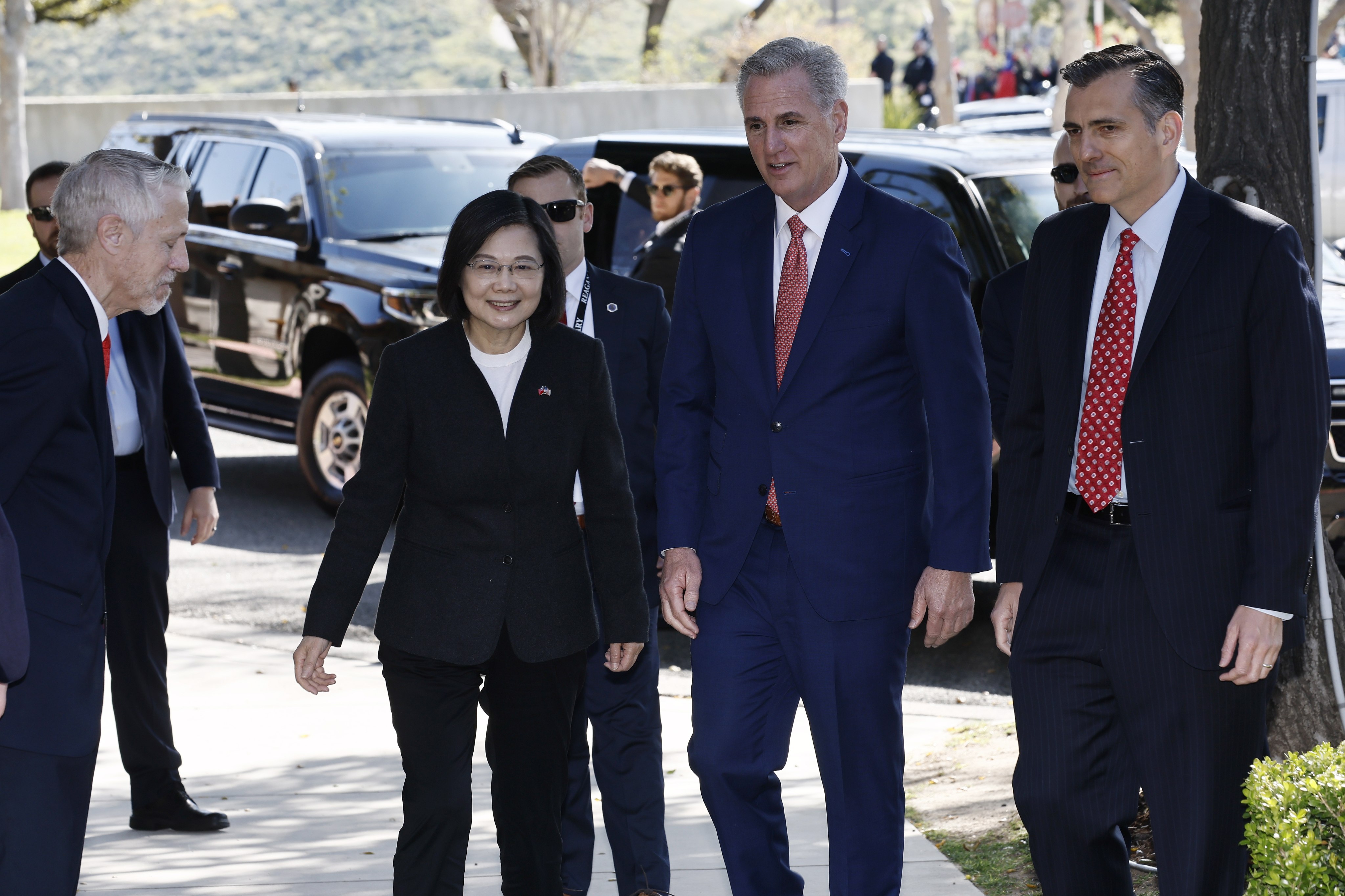 US House Speaker Kevin McCarthy (centre) greets Taiwanese President Tsai Ing-wen (left) for a meeting at the Ronald Reagan Presidential Library in Simi Valley, California, on Wednesday. Photo: EPA-EFE