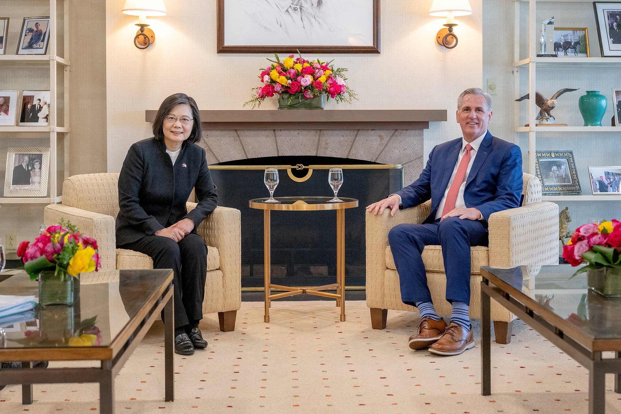 Taiwan’s president, Tsai Ing-wen, and US Speaker of the House Kevin McCarthy attend a meeting at the Ronald Reagan Presidential Library, in Simi Valley, California, US, in this handout picture released on April 6. Photo: Taiwan Presidential Office / Handout via Reuters
