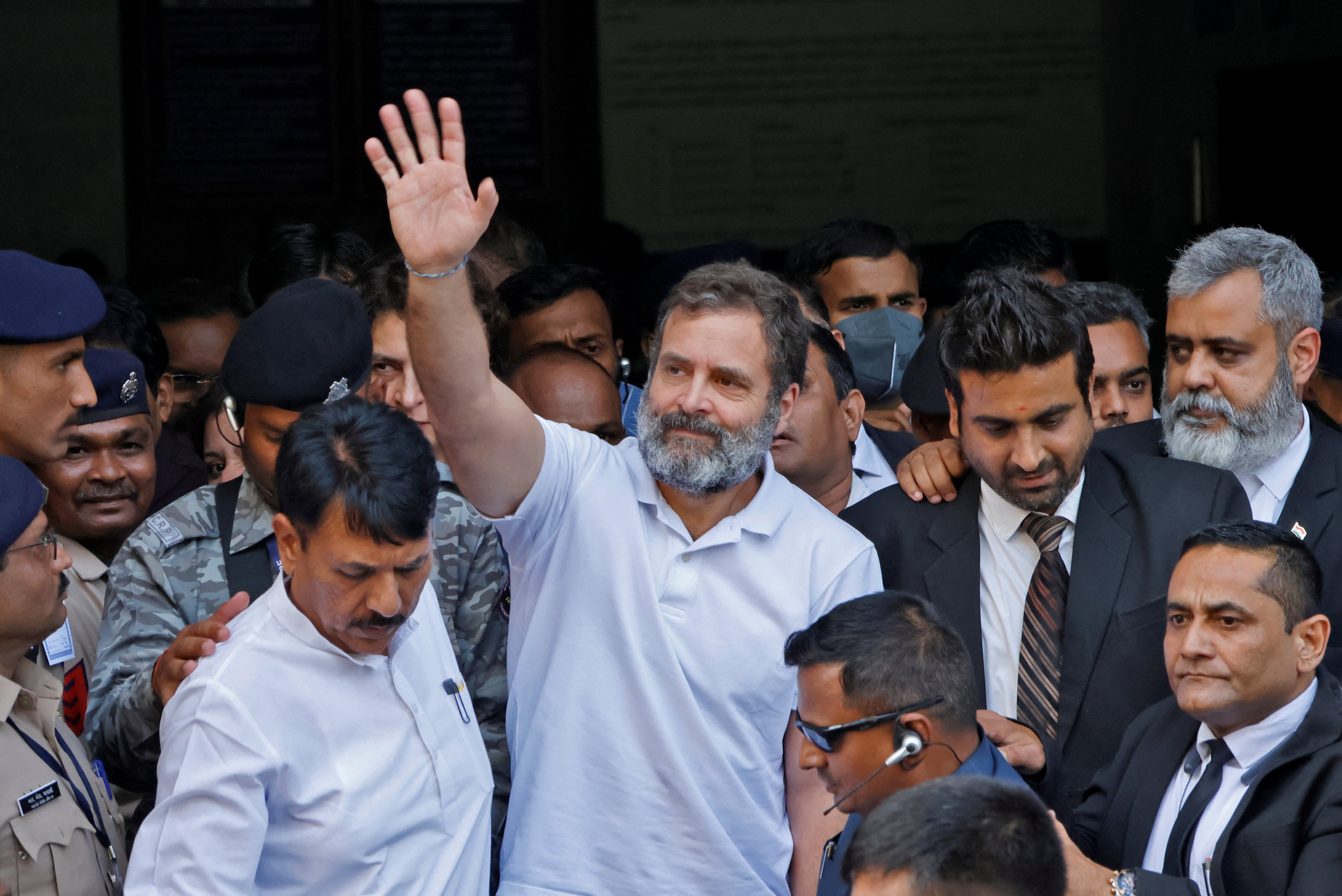 Rahul Gandhi waves as he leaves a court on Monday last week after he lodged an appeal against his conviction for criminal defamation. Photo: Reuters