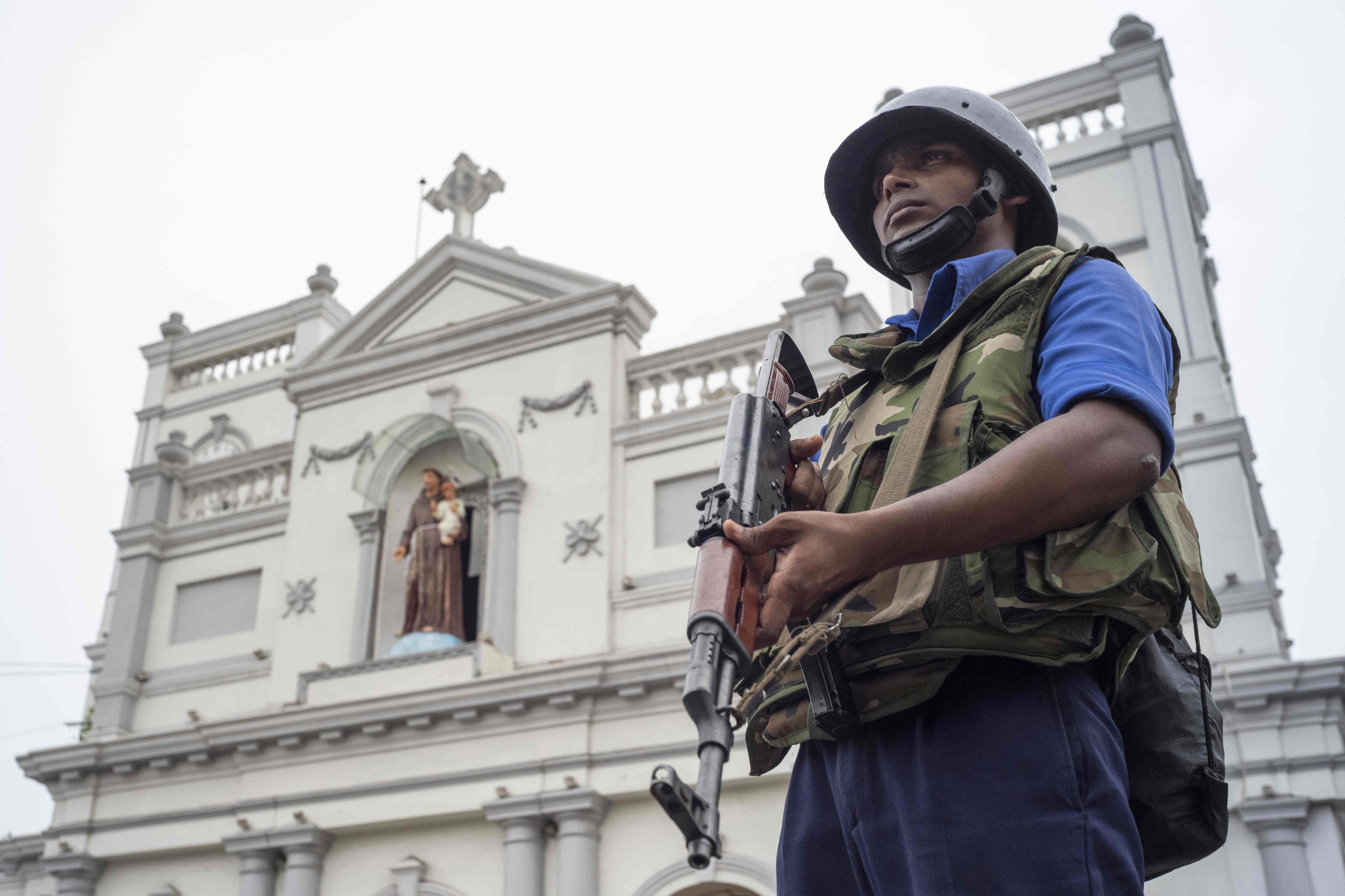 A Sri Lankan soldier stands guard outside St Anthony’s Shrine in Colombo on April 27, 2019. Photo: AFP 