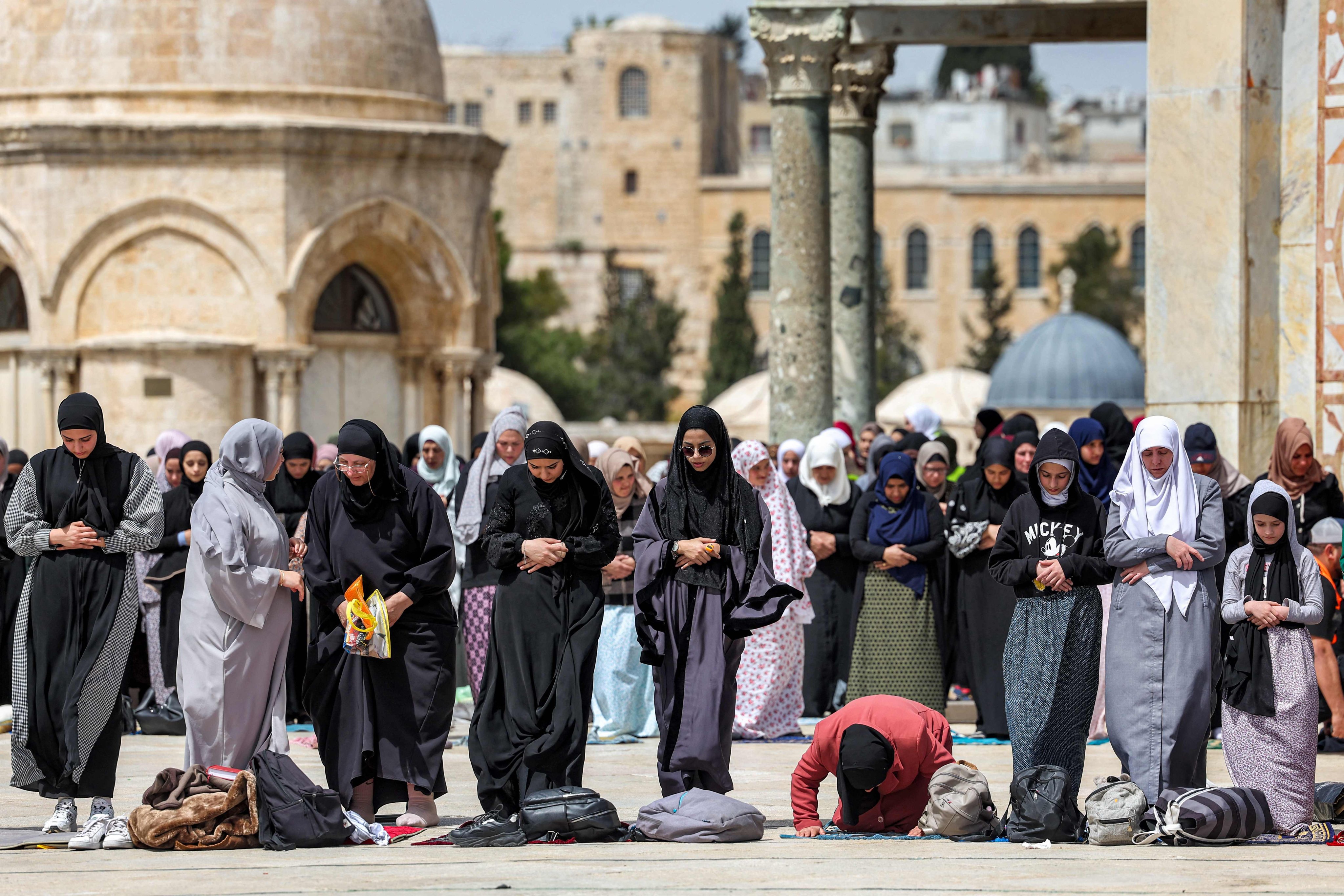 Women Muslim worshippers at the al-Aqsa mosque compound in the Old City of Jerusalem on the third Friday Noon prayer during the holy fasting month of Ramadan. Photo: AFP