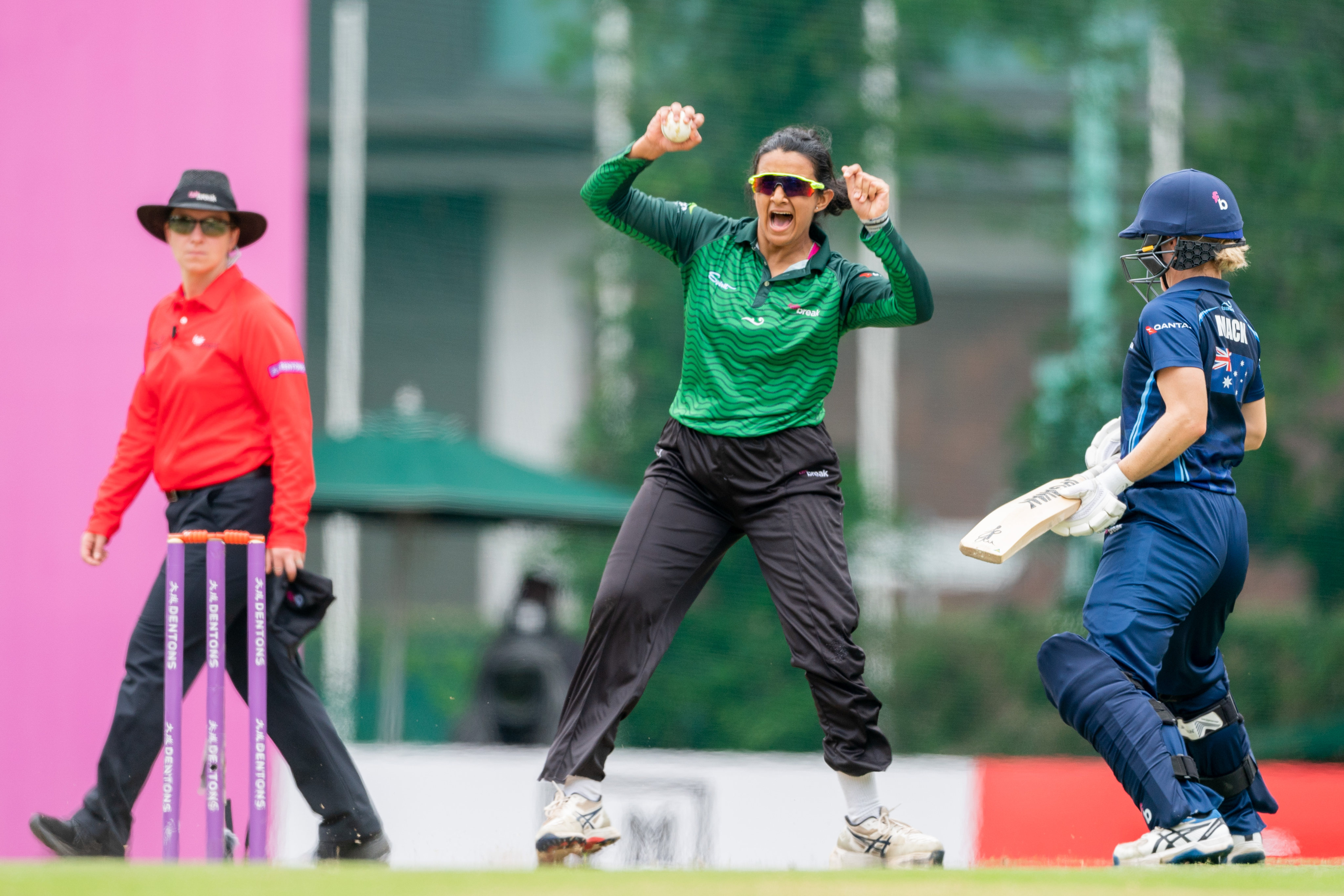 Spirit bowler Gargi Bhogle celebrates taking the wicket of Sapphires’ Sibona Jimmy during her side’s 12-run win at the FairBreak Invitational at Kowloon Cricket Club on Friday. Photo: Handout