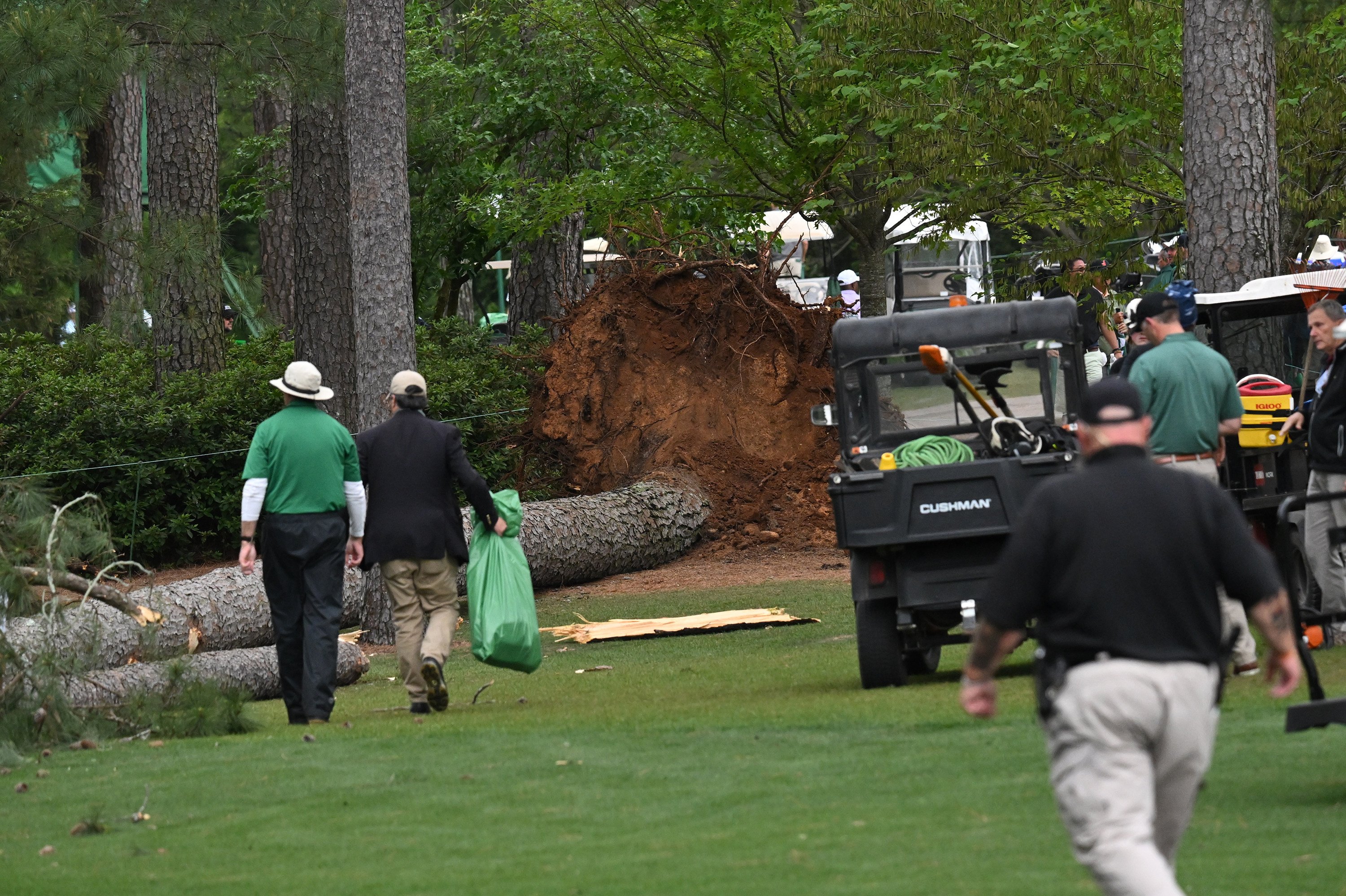The aftermath of a fallen tree on the 17th hole during the second round of the Masters at Augusta National Golf Club. Photo: TNS