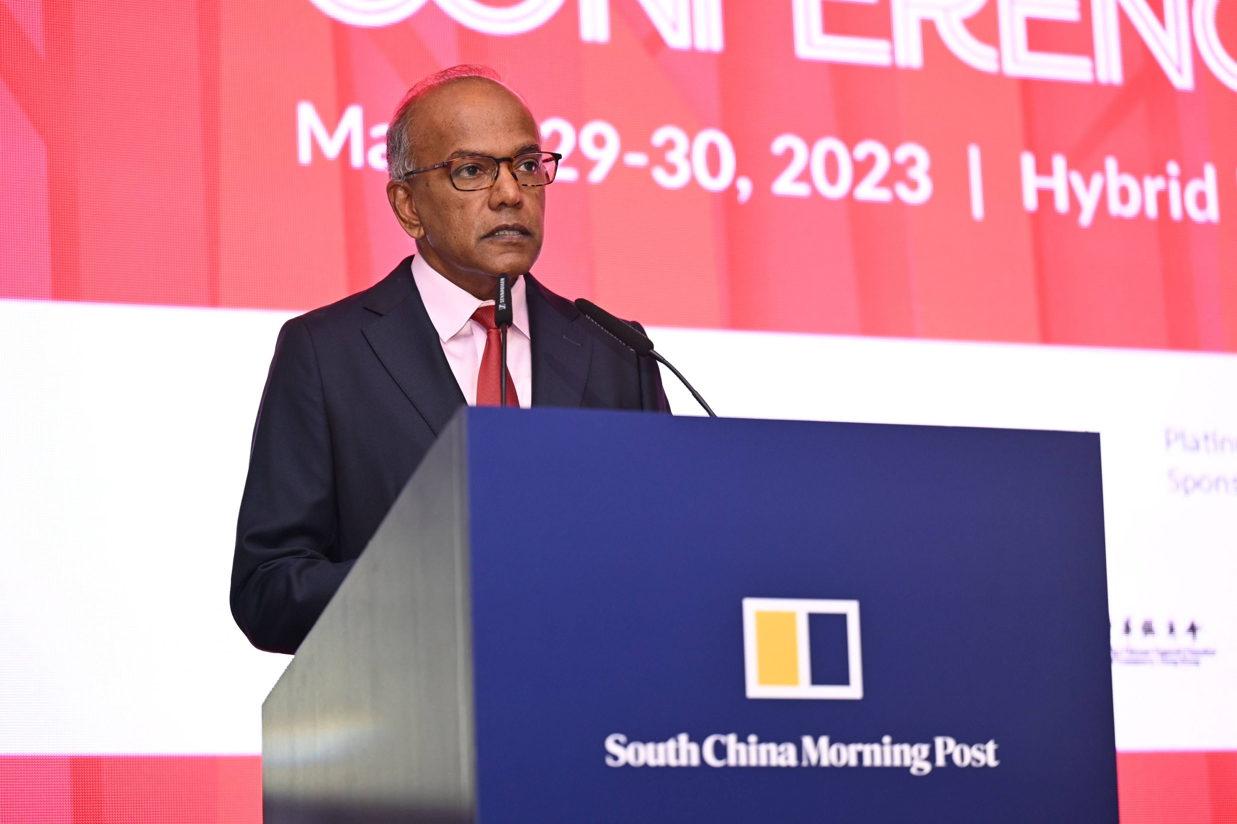 Singapore’s Minister for Home Affairs and Law K Shanmugam addresses SCMP’s China Conference: Southeast Asia 2023 in Singapore last month. Photo: SCMP