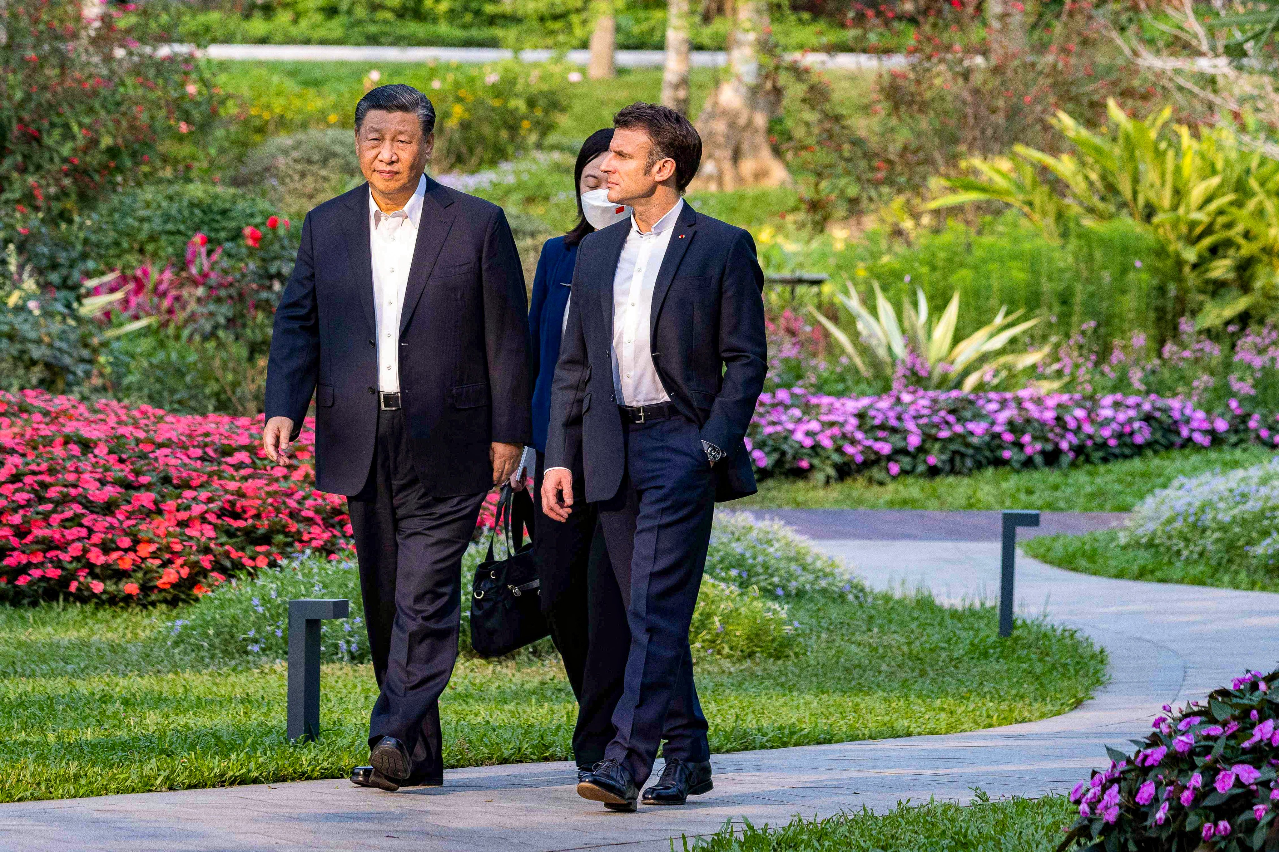 Chinese President Xi Jinping and French President Emmanuel Macron in Guangdong province on Friday. Photo: AFP