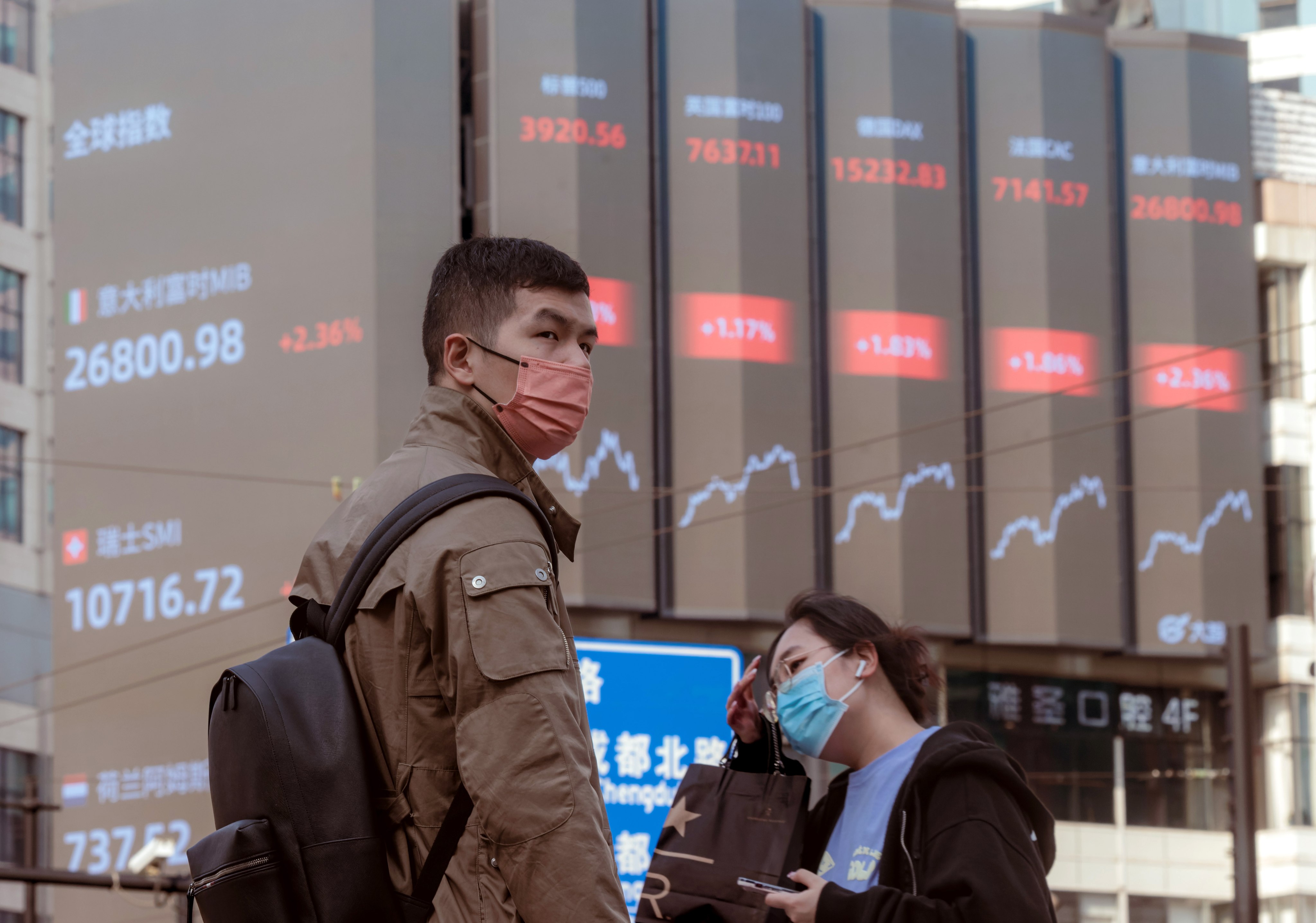 People walk past a large screen showing stock exchange data in Shanghai. The Shanghai Composite Index has risen 15 per cent from an October low. Photo: EPA-EFE
