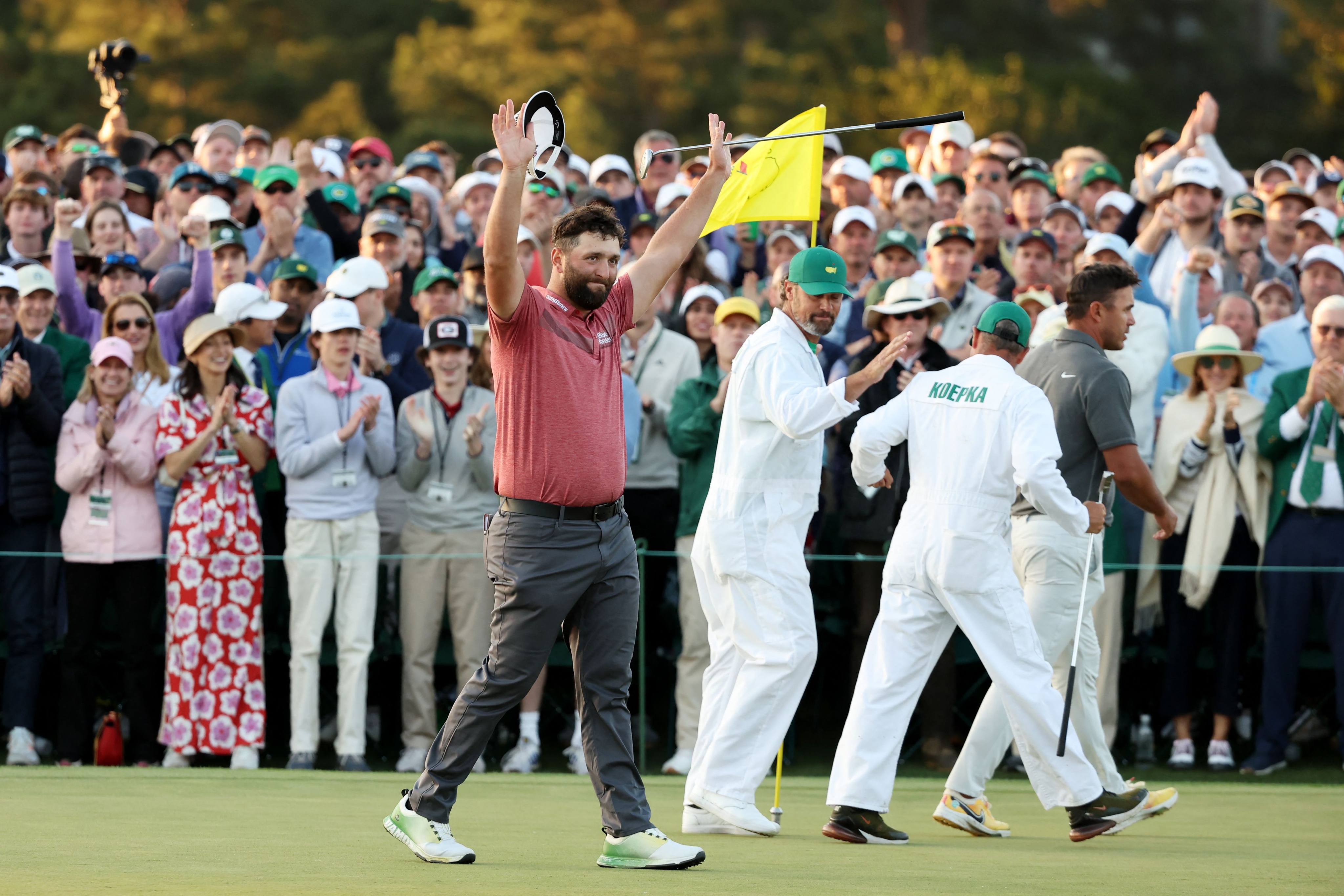 Jon Rahm of Spain celebrates on the 18th green after winning the Masters at Augusta National Golf Club. Photo: Getty Images via AFP
