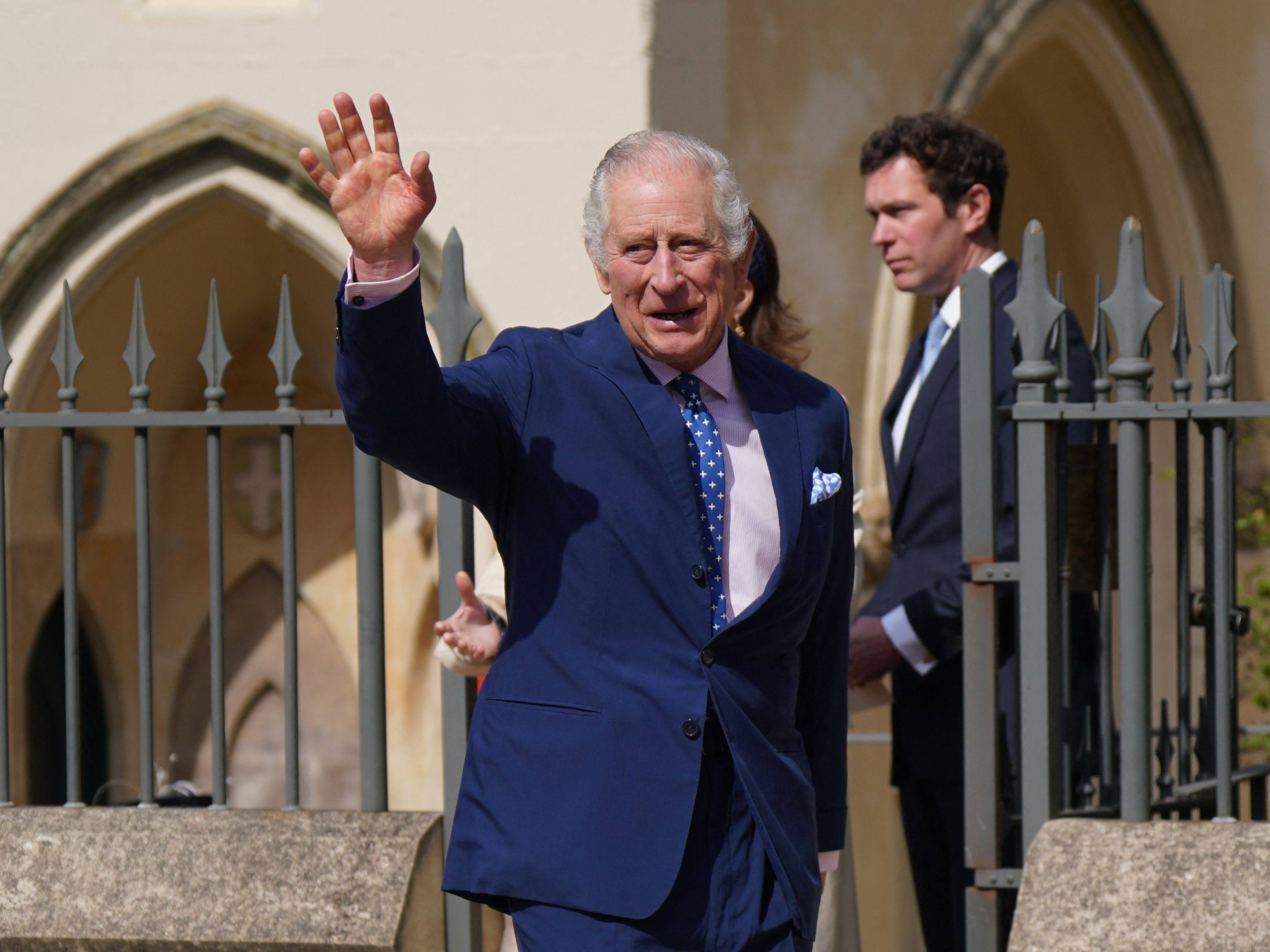 Britain’s King Charles leaves St George’s Chapel at Windsor Castle after an Easter service on Sunday. Photo: AFP